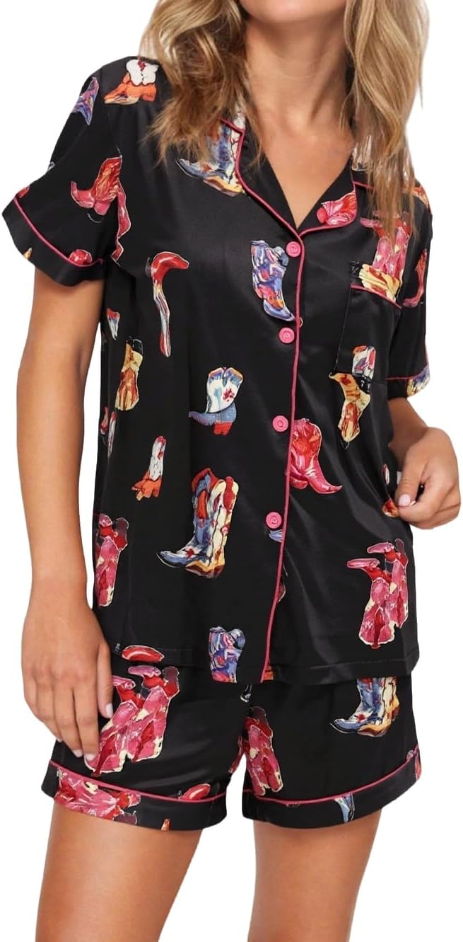 Womens 2 Piece Cowgirl Pajamas Satin Silk Western Cute Pjs Cowboy Boots Short Sleeve Button Up Shorts Pjs Loungewear