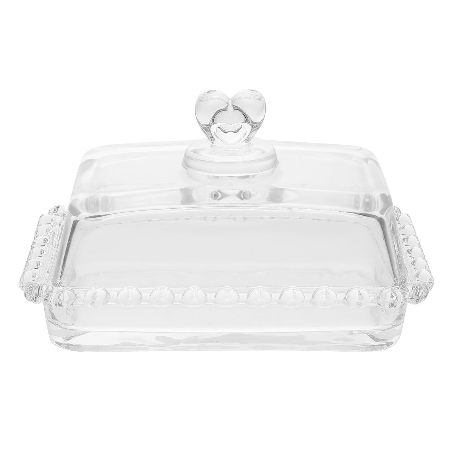 Veemoon Beurrier en Verre Transparent avec Couvercle Anti-Poussière Plateau à Beurre Compact Plat à Fromage et Porte-Beurre pour Réfrigérateur et Service à Table Design Cœur avec Bords