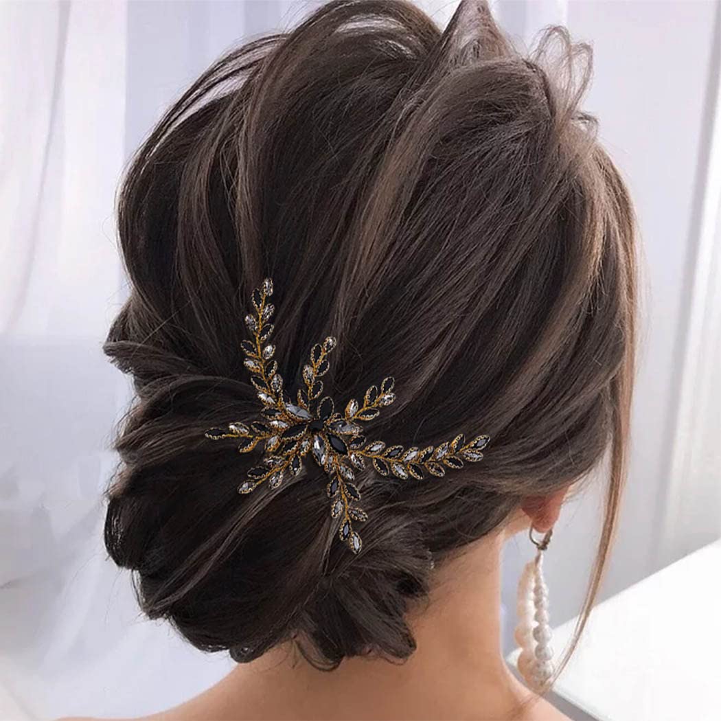 Brishow Bride Wedding Hair Comb Black Rhinestones Bridal Hair Piece Gold Hair Clips for Women and Girls