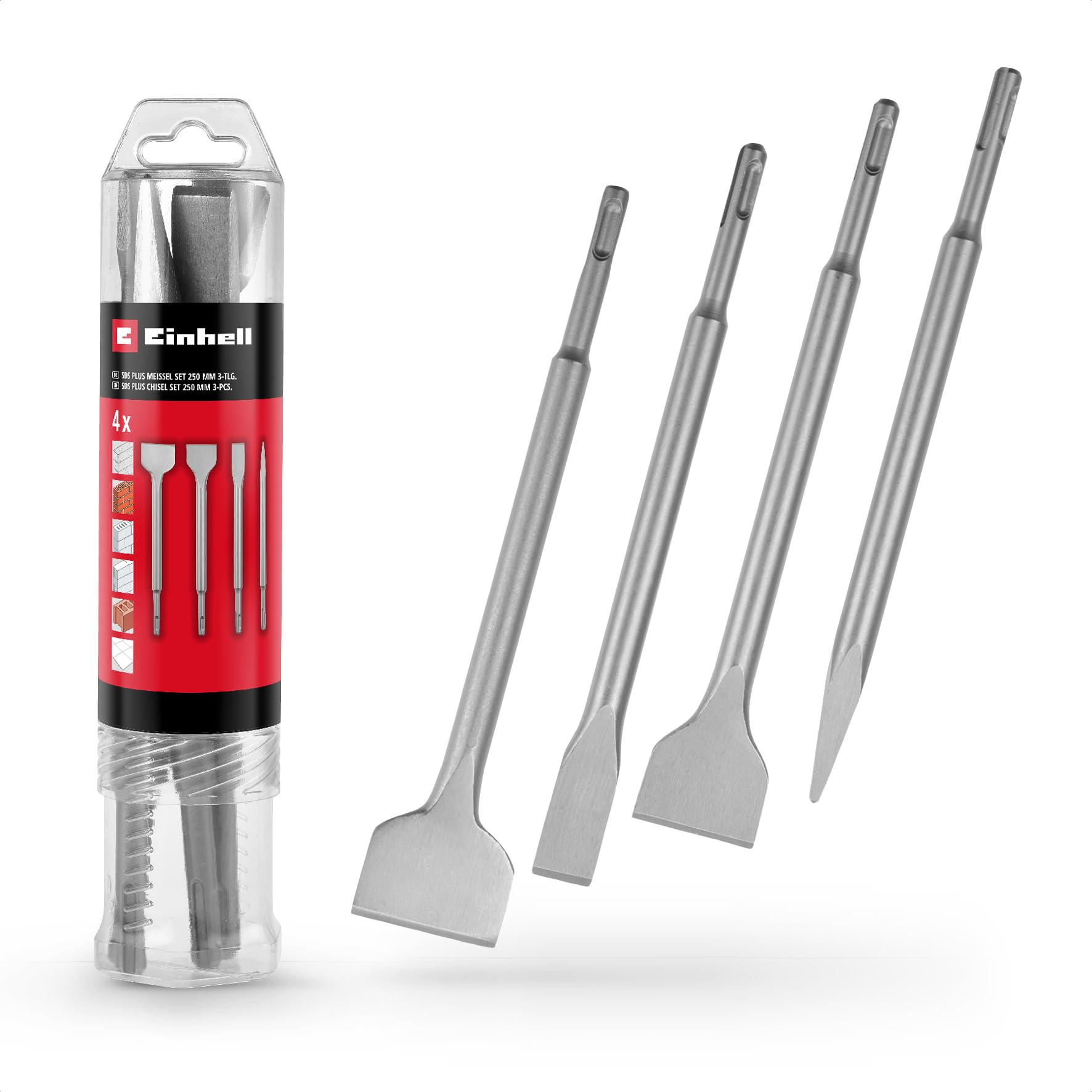 Einhell SDS Plus - Juego de 4 cinceles (250 mm, cincel plano de 20 mm, 40 mm, cincel para azulejos de 50 mm, acero duradero de 40 cm, para trabajos de demolición y renovación)
