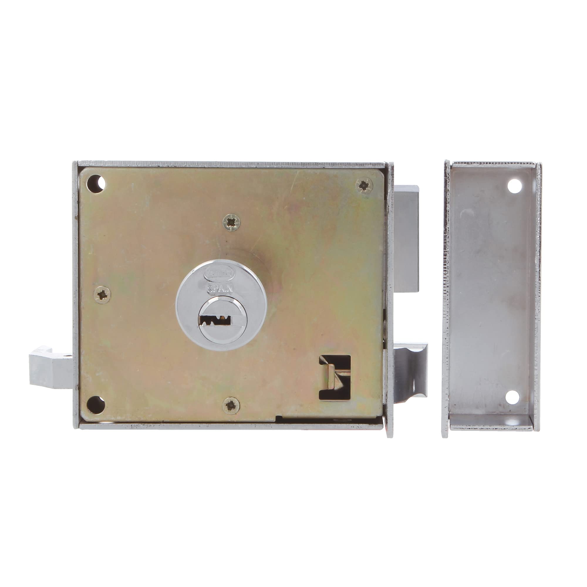 Amig - Cerradura de Sobreponer de Izquierda con Palanca de Cierre, Lengüeta y Tirador para Puertas de Madera Mod. 72-100 x 85 mm - Pestillo Con Cilindro Redondo - Acero Cromado Brillo