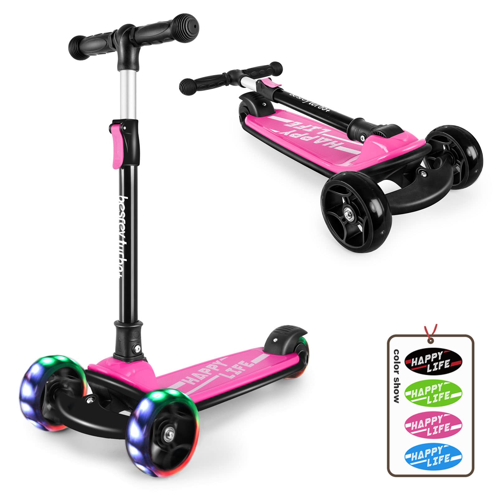 besrey Monopattino per Bambini da 2-8 anni ,Monopattino Piegevole a 3 Ruote per Bambino e Bambina con LED,Regolabile Altezza,Rosa