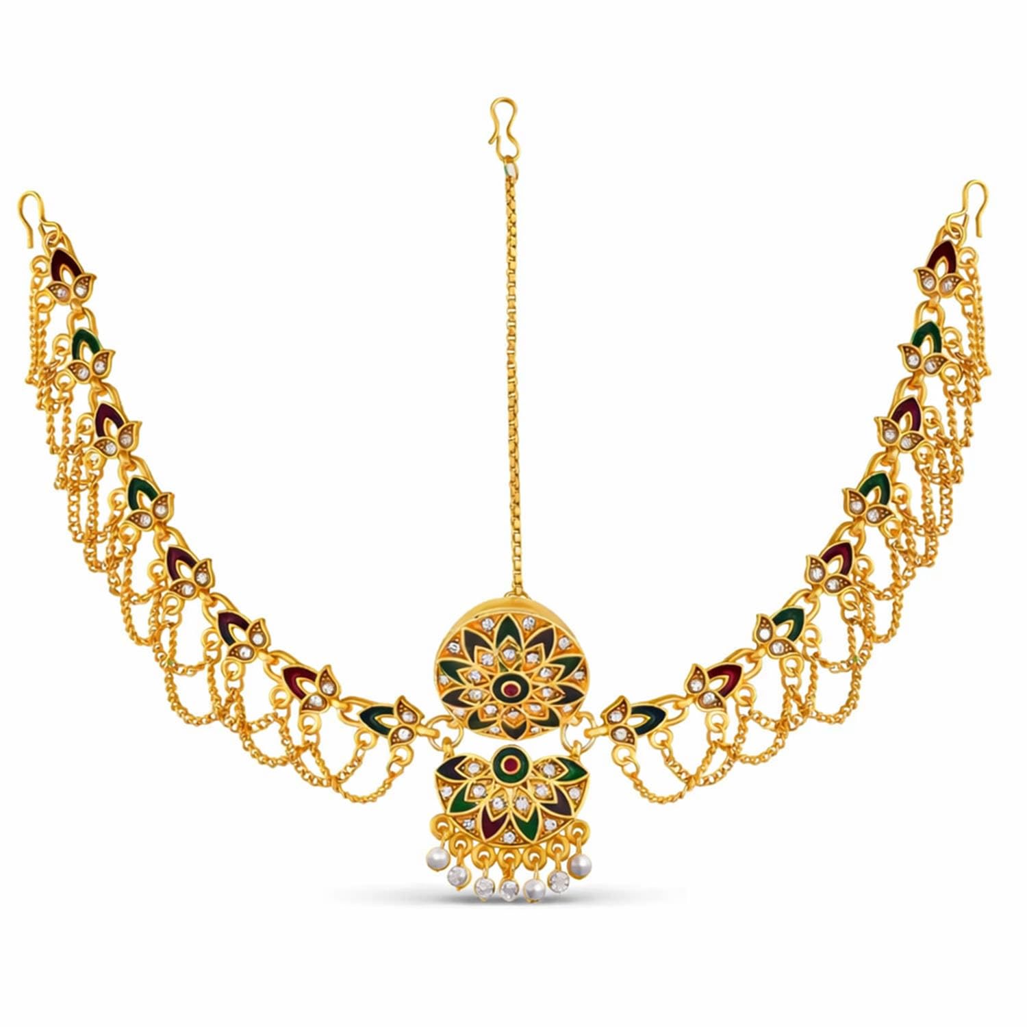 vama FASHIONS Traditional Gold Plated Rajputi Rajasthani Kundan Pearl Sheeshphool Sheeshpatti Matha Patti Bor Borla Maang Tikka Hairband Accessories For Women-picture-26