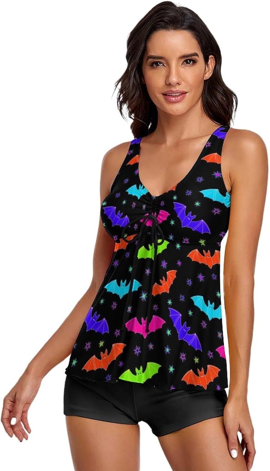 Women Two Piece Tankini Swimsuit, Stretchy Support Removable Padding Bathing Suits with Boy Shorts