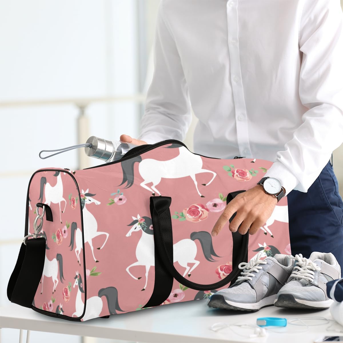 Horses Rose Travel Duffel Bag for Women Men Large Capacity Overnight Weekender Bags for Lightweight Waterproof Sport Gym Bag for Workout Yoga Swim