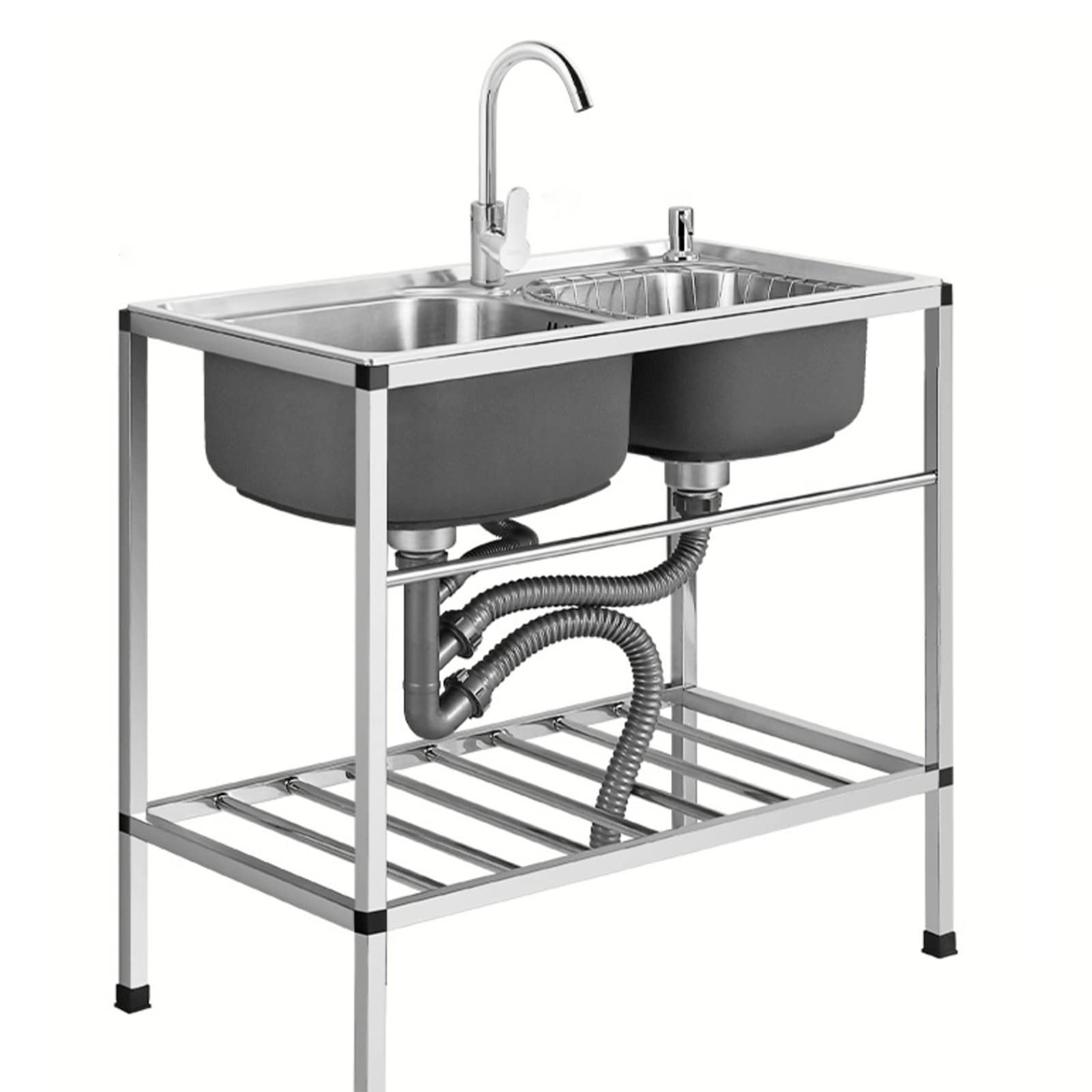 Lavello Commerciale autoportante per Catering, lavello a Doppia Vasca in Acciaio Inox, lavello da Cucina, lavello da Cucina Industriale per ristoranti con Rubinetto Incluso, per RI