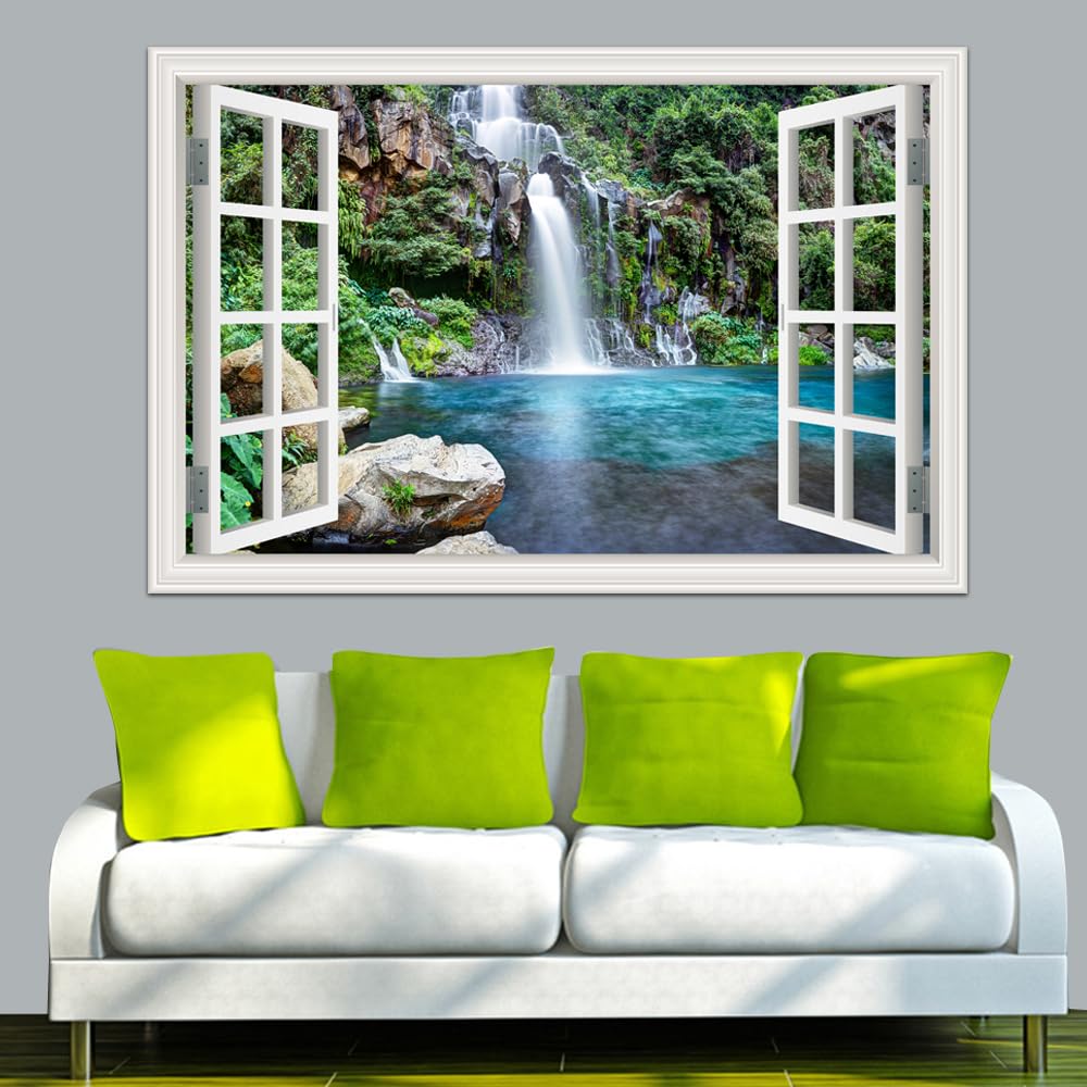 3D Broken Wall Stickers Mountain River - Raamuitzicht Muursticker 70x110cm