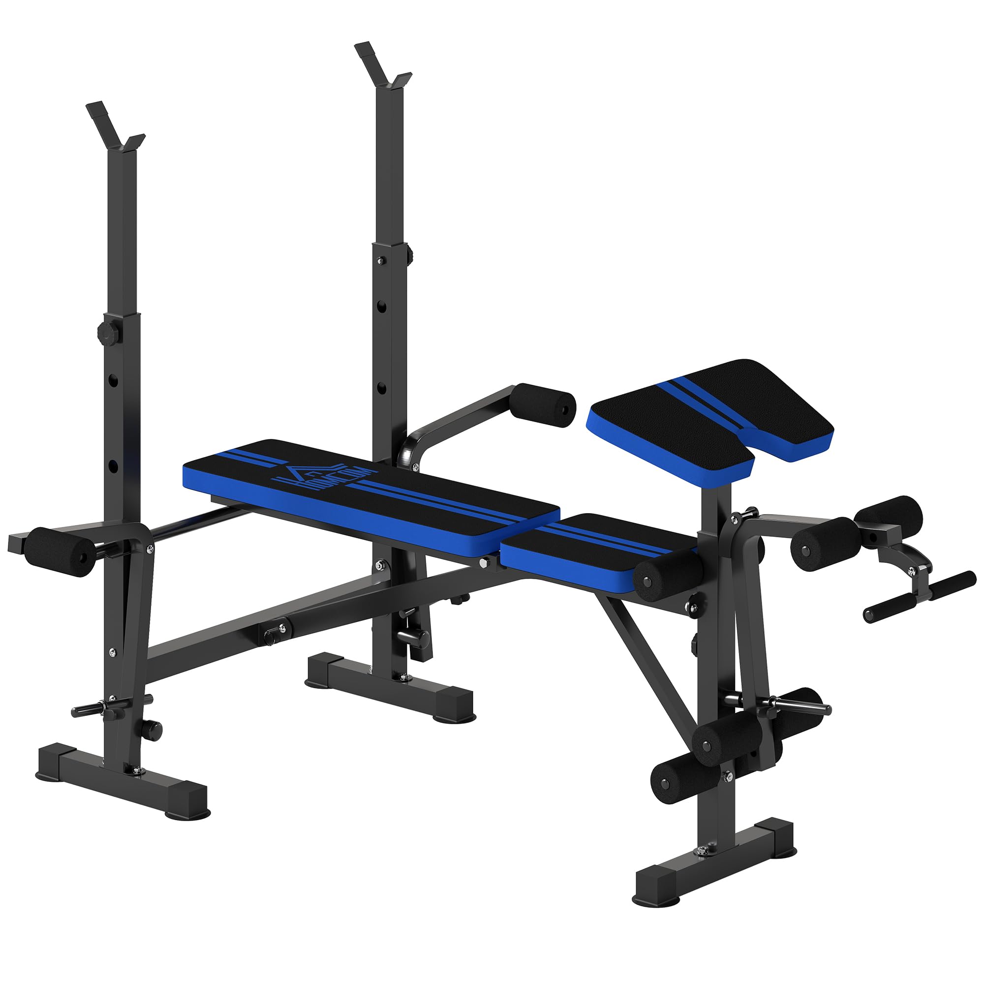 HOMCOM Banco de Musculación Multifuncional, Banco de Pesas con Respaldo Ajustable, Soporte para Barras Regulable, Extensión de Piernas, Curl de Predicador, Mariposa, Entrenamiento Casa Gimnasio, Azul