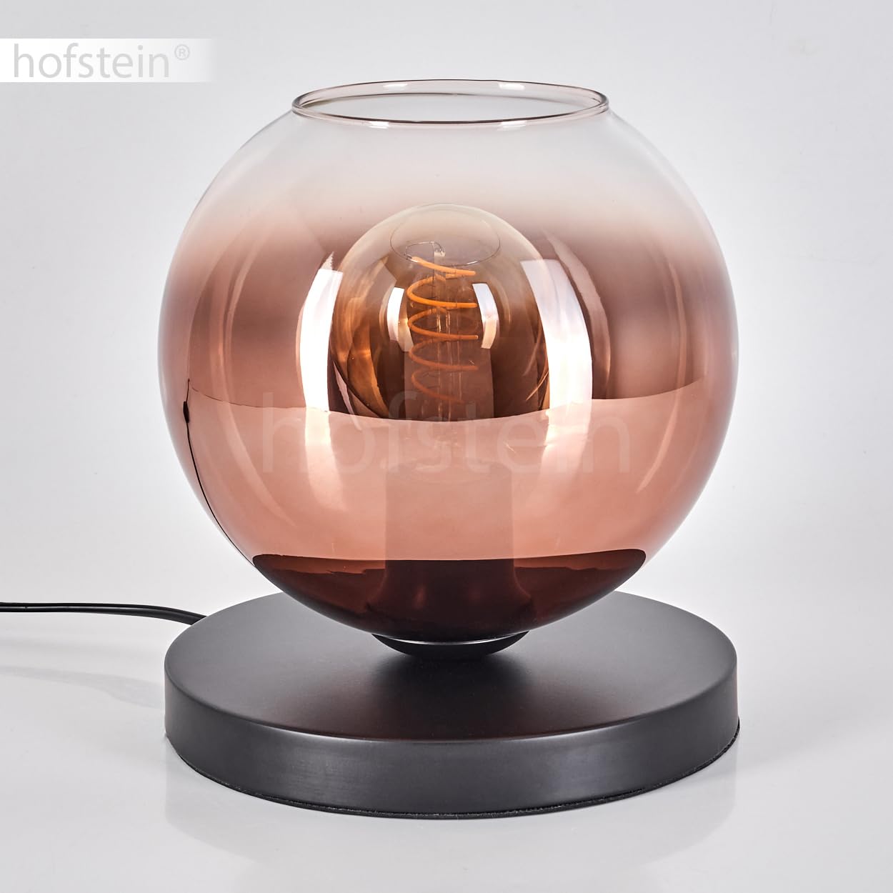 Tischleuchte Apedo, Tischlampe aus Metall/Glas in Schwarz/Kupferfarben/Klar, Leuchte im modernen Retro/Vintage-Design mit Schirm aus Glas (Ø 20cm) u. An/-Auschalter am Kabel, 1x E27, ohne Leuchtmittel