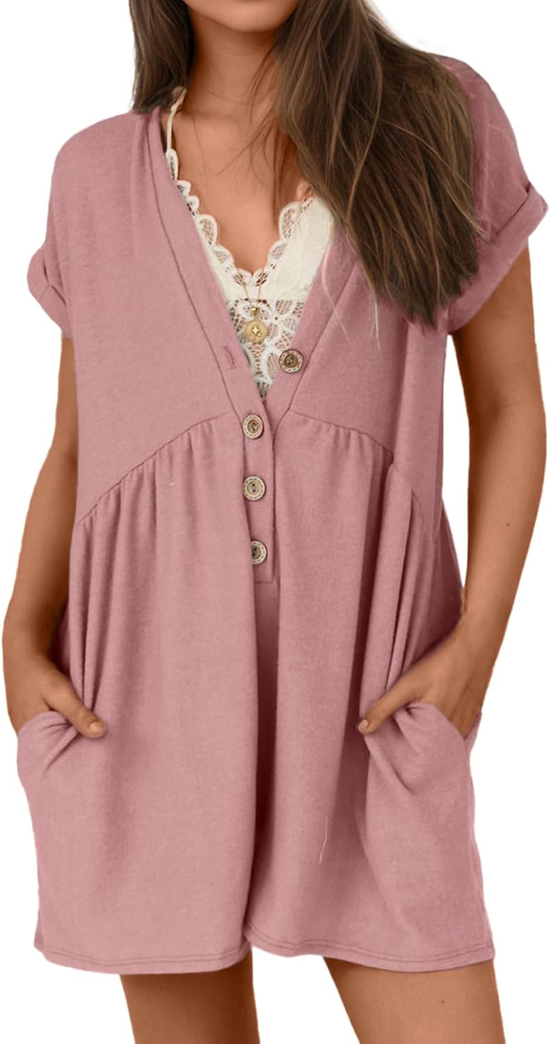 Glamaker Women's Summer Short Sleeve Romper Casual V Neck Wide Leg Short Jumpsuit Button Beach Rompers Outfit With Pockets