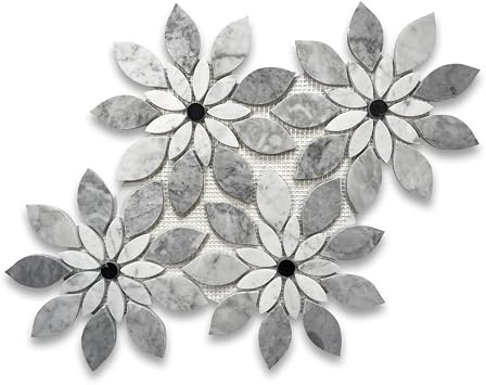 Stone Center Online Carrara White Marble Wildflower Rain Flower Waterjet Mosaic Tile w/Bardiglio Gray & Nero Marquina Black Honed Kitchen Bath Wall Floor Backsplash Shower 1 Sheet