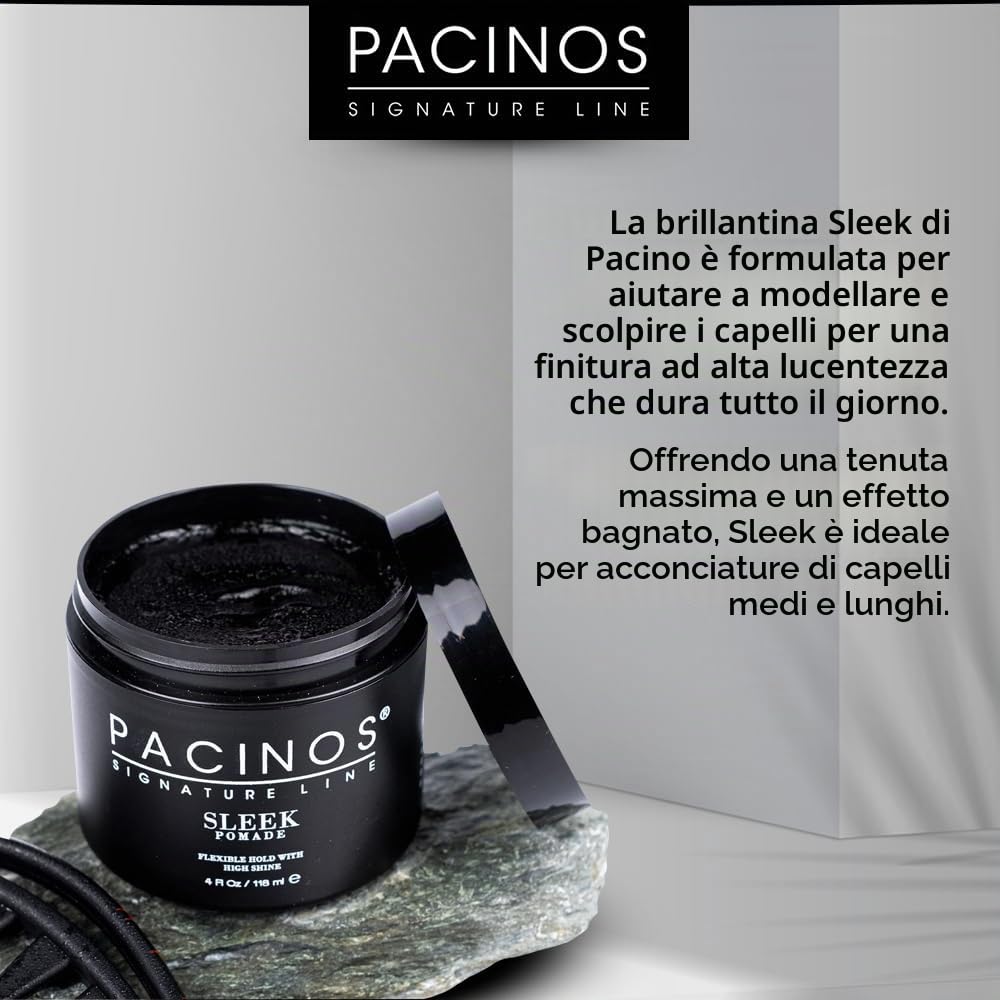 Pacinos Sleek Pomade Men 118ml - Extra Hold & Shine Finish - per tutti i tipi di capelli - pomata a base d'acqua - pomata per barba - fragranza fruttata - gel capelli - cera per capelli Uomo