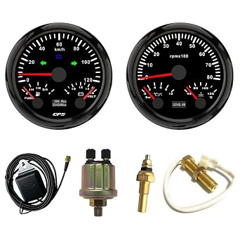 ELING 3 3/8 2 Gauge Set GPS Speedometer 120KM/H Odometer Tachometer 8000RPM Meter Fuel Level Water Temp. 40-120C Oil Pressure 10Bar Voltmeter with Sensor 12V Backlight Universal