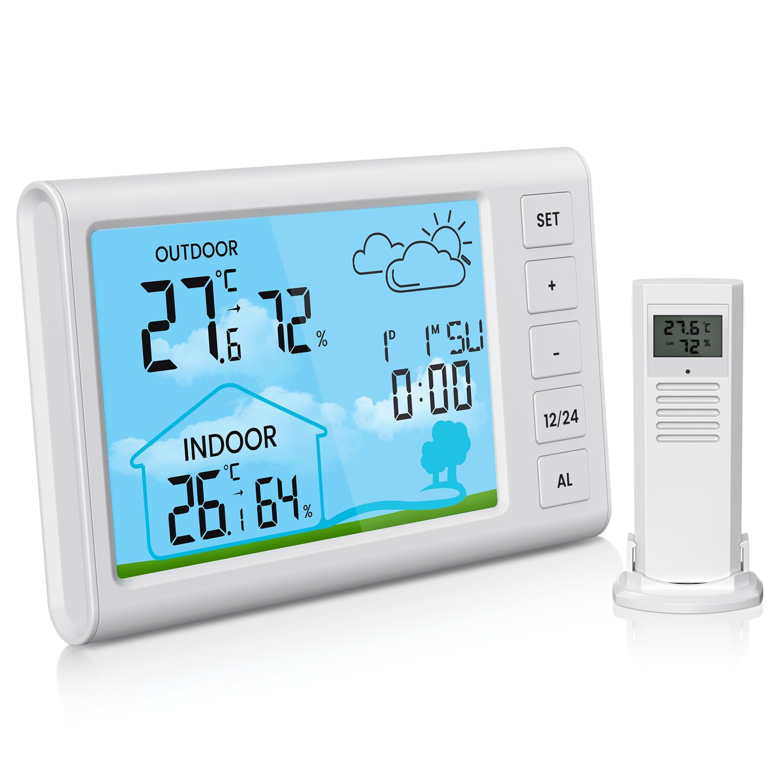 Wireless Weather Station,Digital Weather Station with Outdoor Sensor,Temperature Humidity Indoor Outdoor Thermometer Wireless Weather Clock in Home Garde
