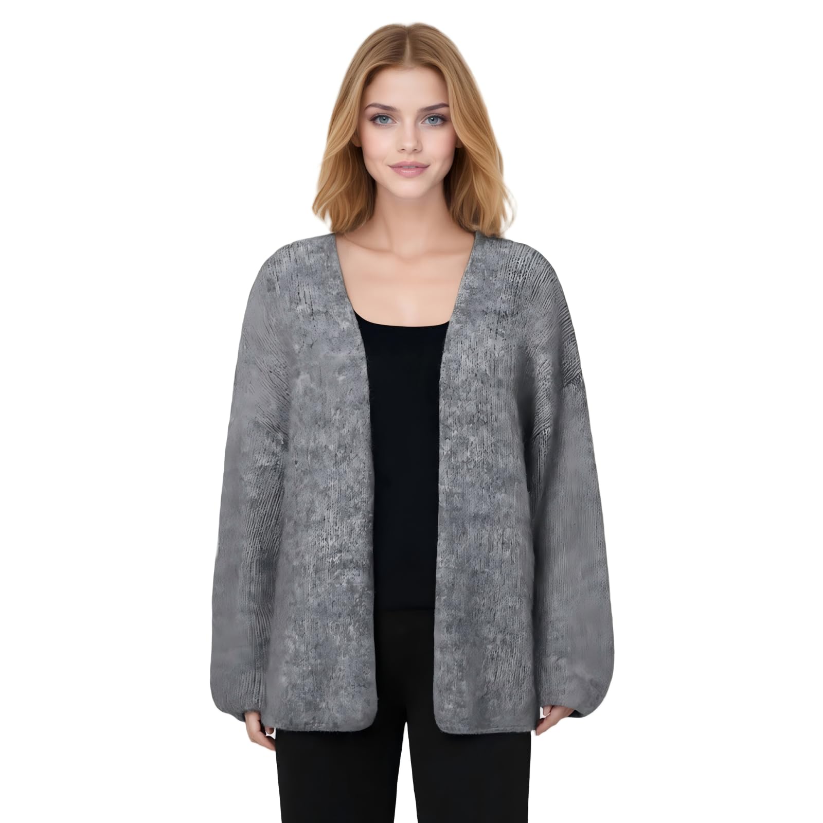 Womens Oversized Open Front Cardigan Large Size Light Gray Soft Knit Loose Sweater for Casual Daily Wear