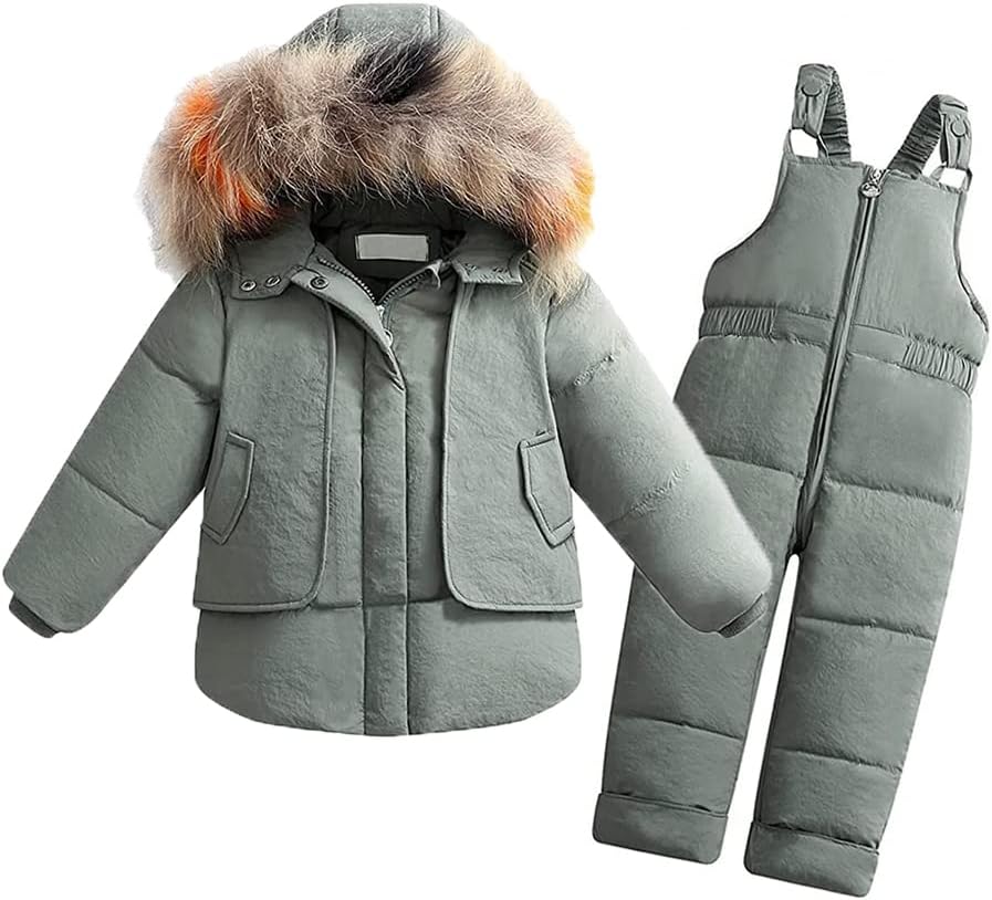 XIFAMNIY Baby Boys Girls Snowsuit Toddler Winter Clothes Puffer Down Jacket with Snow Ski Bib Pants Outfits