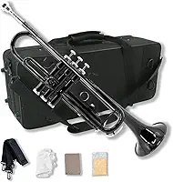 Conjunto de trompete estudantil para iniciantes, instrumentos de trompete de latão, plano B, com bocal 7C, pano de limpeza, luvas e estojo de transporte rígido (preto)