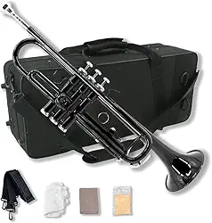 Conjunto de trompete estudantil para iniciantes, instrumentos de trompete de latão, plano B, com bocal 7C, pano de limpeza, luvas e estojo de transporte rígido (preto)