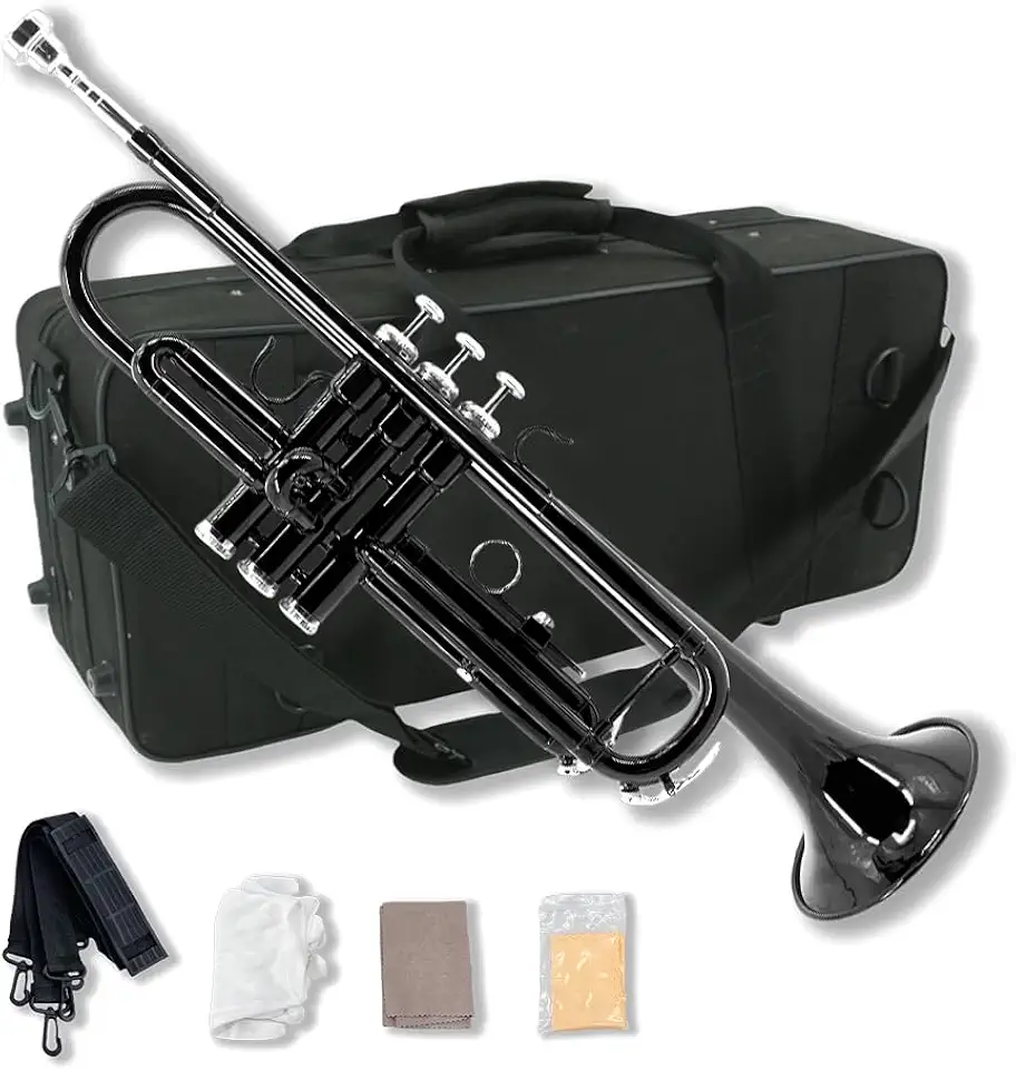 Conjunto de trompete estudantil para iniciantes, instrumentos de trompete de latão, plano B, com bocal 7C, pano de limpeza, luvas e estojo de transporte rígido (preto)