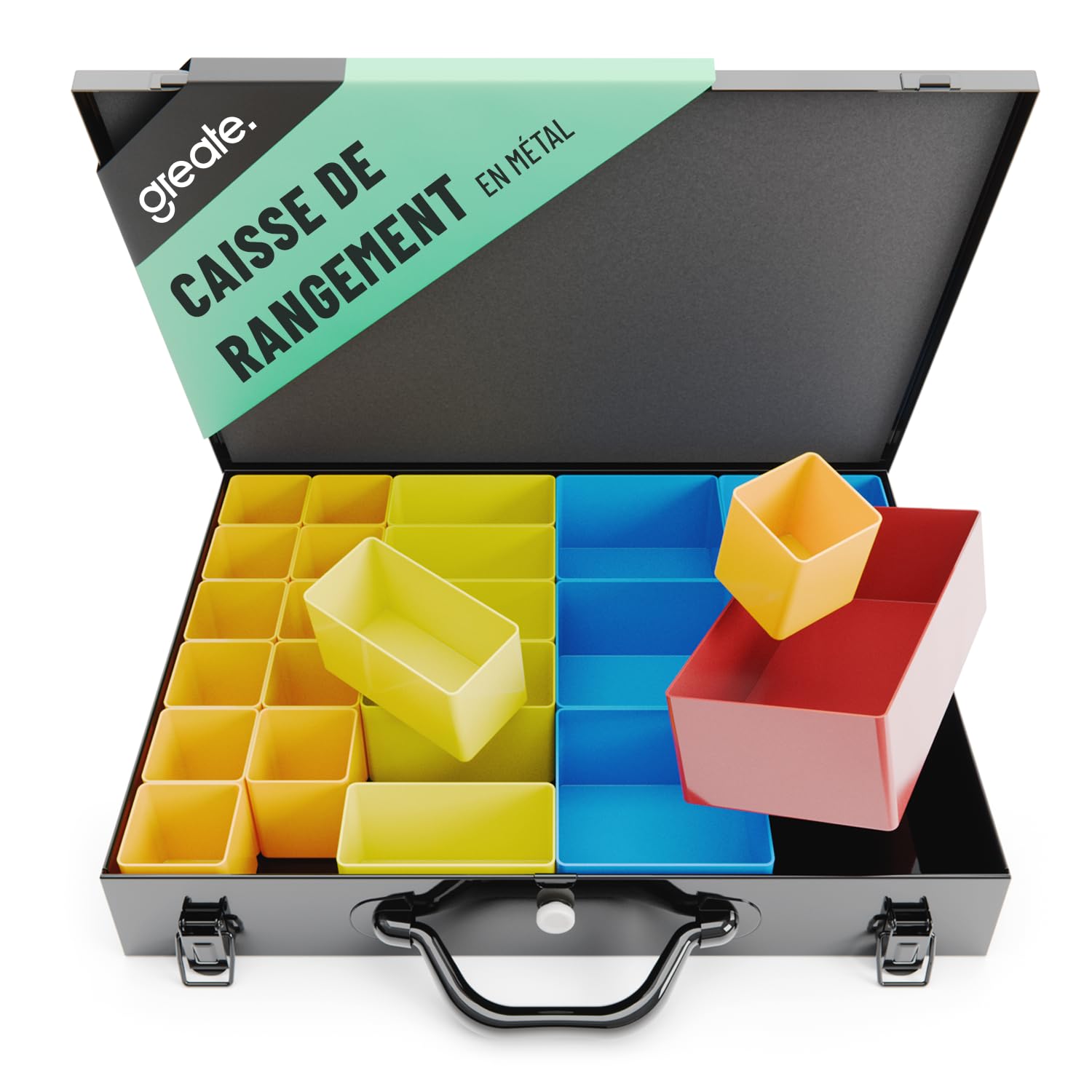 greate Boîte de Rangement visserie métal avec 23 bacs Amovibles | Valise Vide pour Petites pièces - Mallette de tri métallique comme Boîte à vis - Organisateur