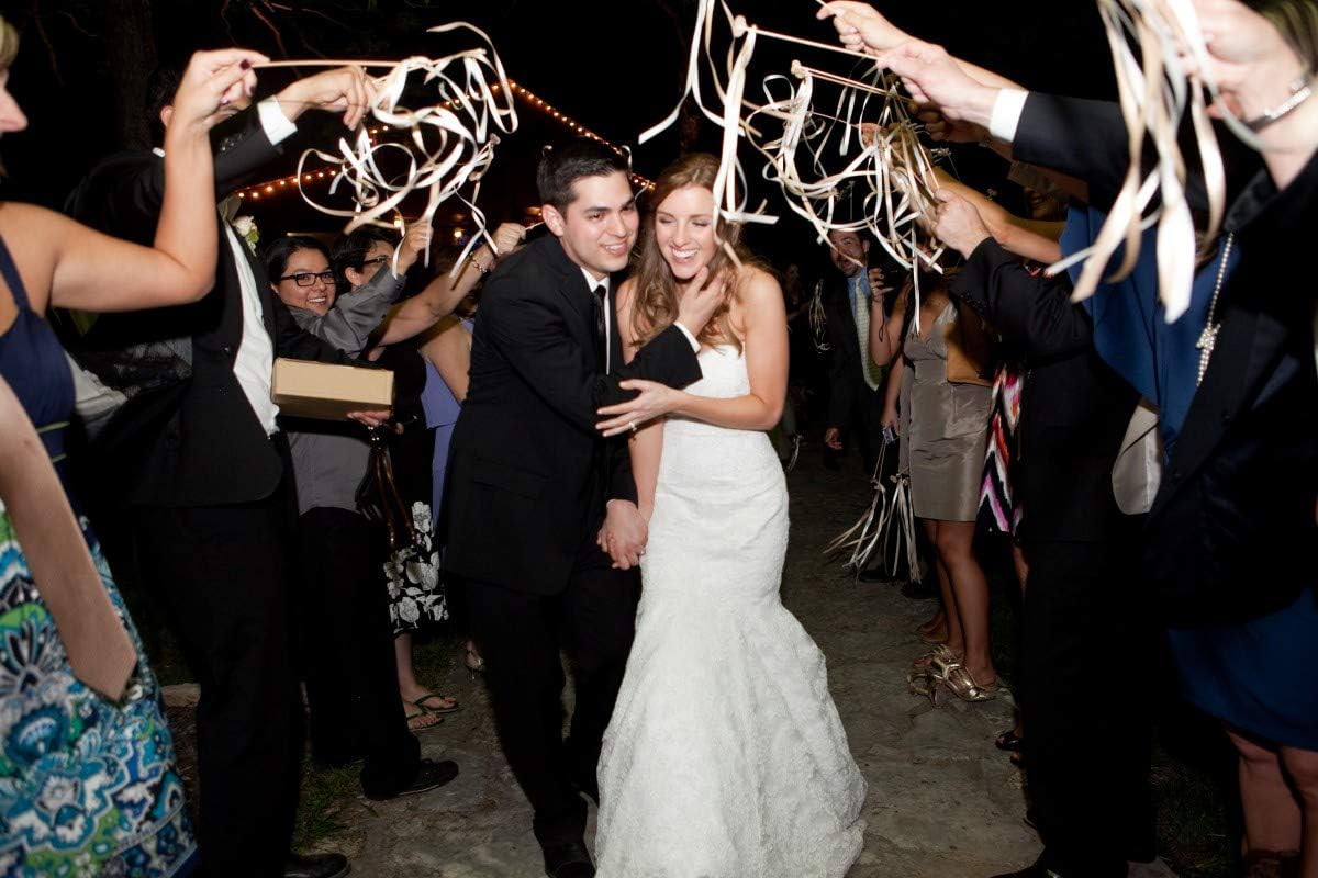 Kingsnow 50 Pack Champagne Lace Ribbon Wands Party Streamers with Bells Silk Fairy Stick Wand Party Favors for Wedding Send off Party Activities Baby Shower Holiday Celebration