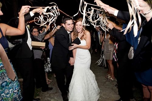 Miniatura 7 de Kingsnow Paquete de 50 varitas de cinta de encaje color champán, serpentinas de fiesta con campanas, varita de hada de seda, recuerdos de fiesta