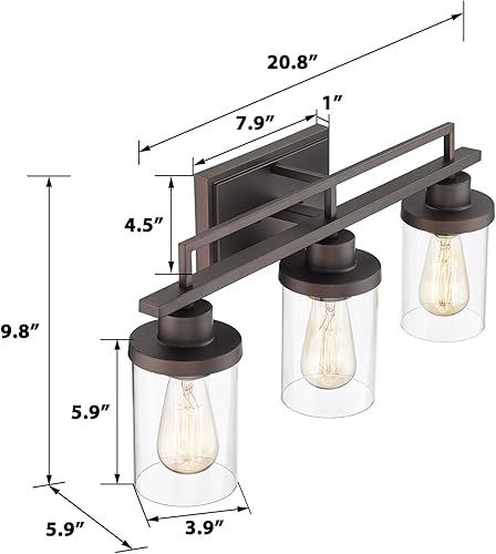 Miniatura 6 de Emliviar YCE238B-3W ORB - Lámpara de tocador de baño de 3 luces para baño, acabado de bronce aceitado con vidrio transparente, YCE238B-3W ORB