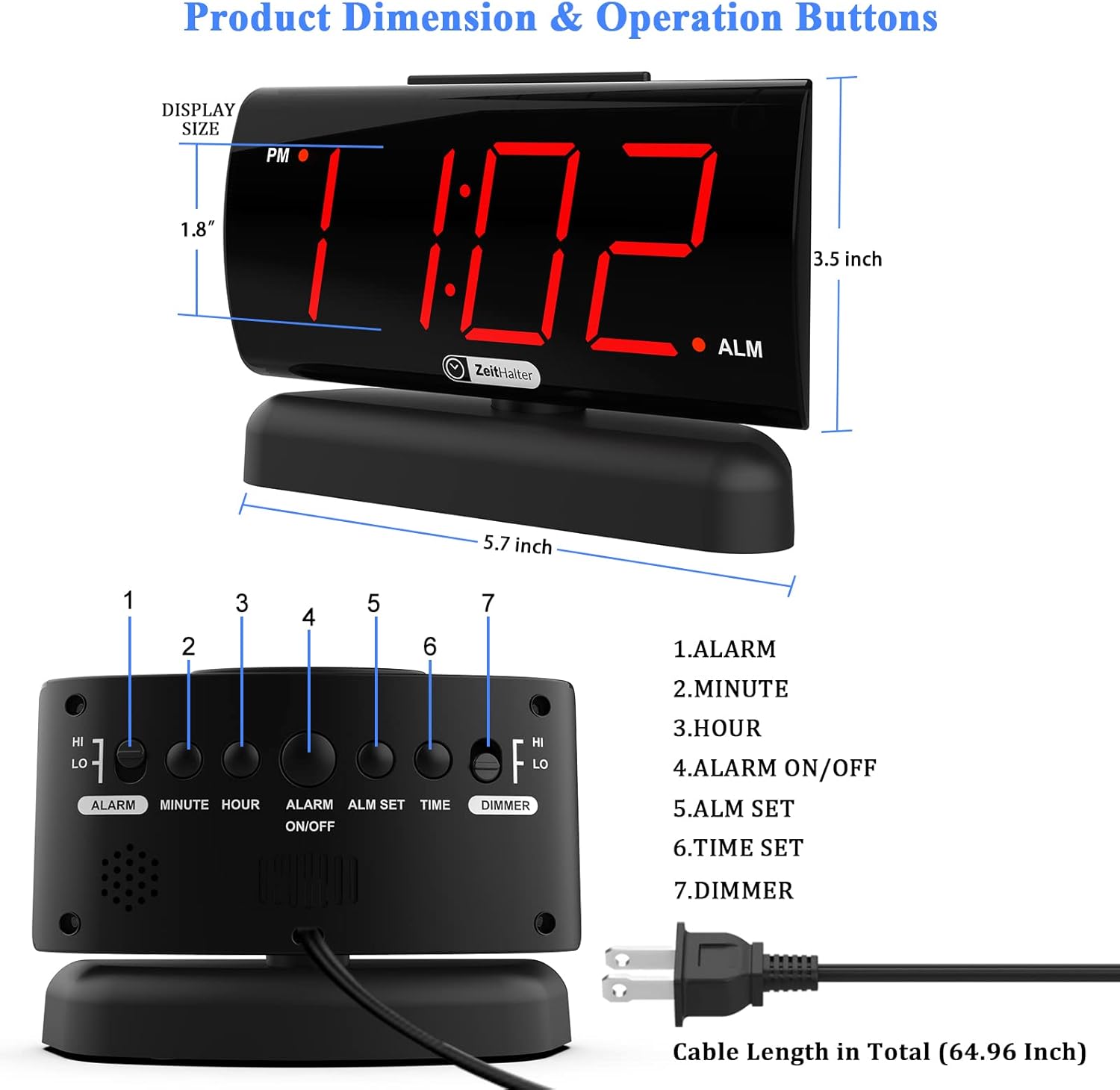 Diagram showing product dimensions and the function of each button on the back of the ZEITHALTER Digital Alarm Clock