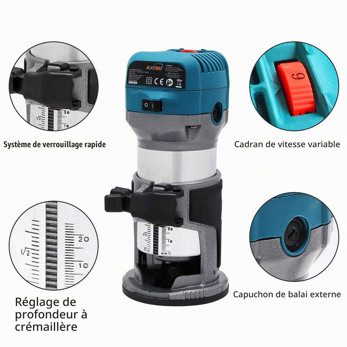 KATSU Affleureuse à Bois Défonceuse de Routeur de Plastifieuse à Main électrique Menuisiers Outil 220V 710W + Mandrin 1/4" + Base Plongeante + Fraise à Bois + Kit de Guide de Routeur
