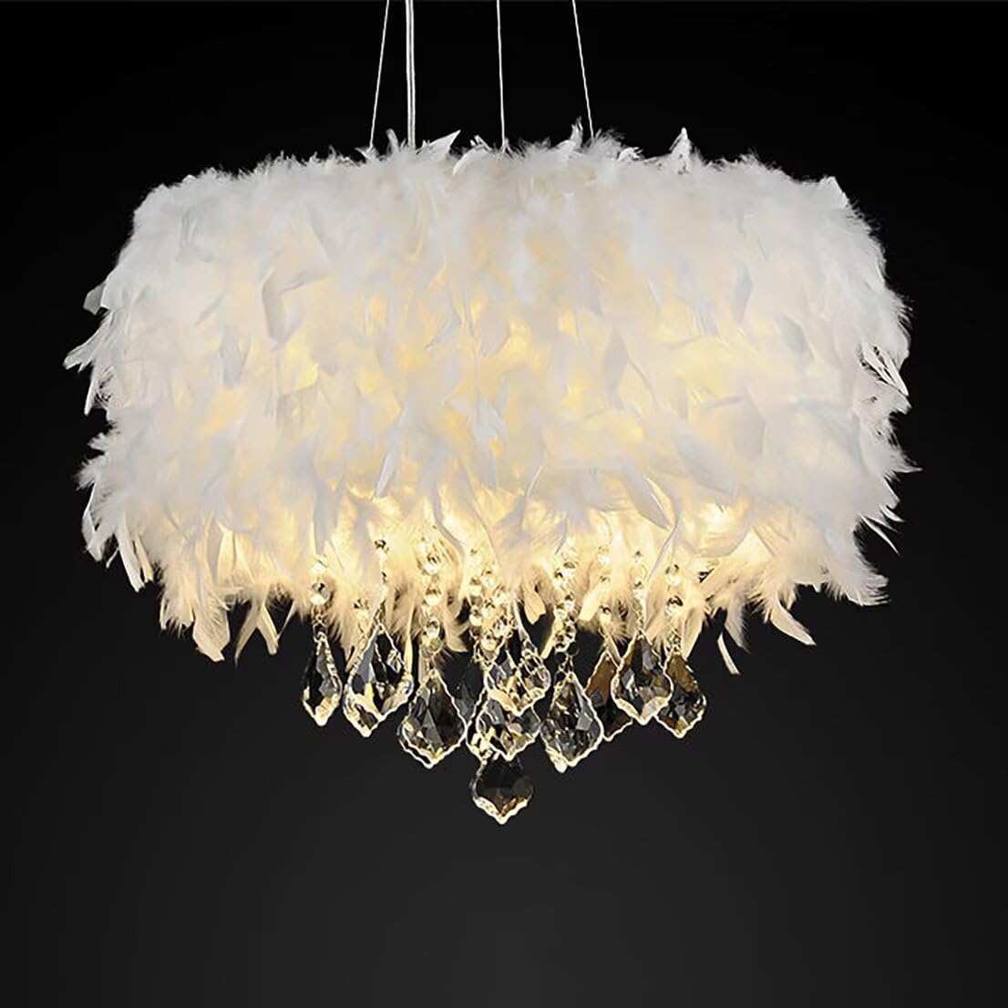 Lámpara colgante de plumas de cristal Lámpara colgante de plumas blancas Lámpara de techo Lámpara de techo, lujo romántico para sala de estar, comedor, 50 CM / 19.8 PULGADAS