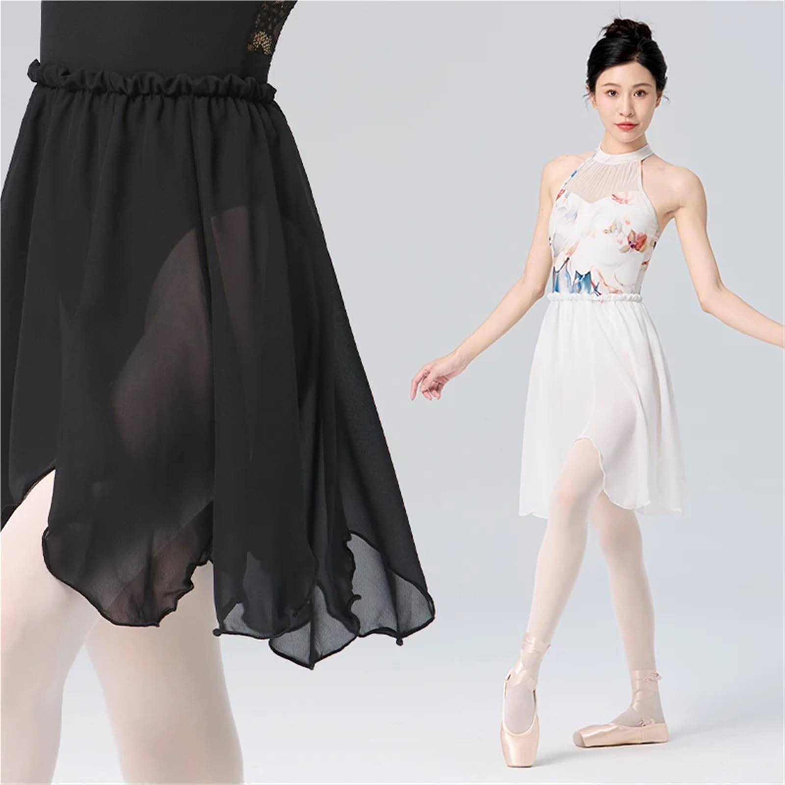 Faldas de Ballet for Mujer, Cintura elástica, Color Blanco y Negro, pétalos, Longitud Media, Falda Gasa, tutú Bailarina