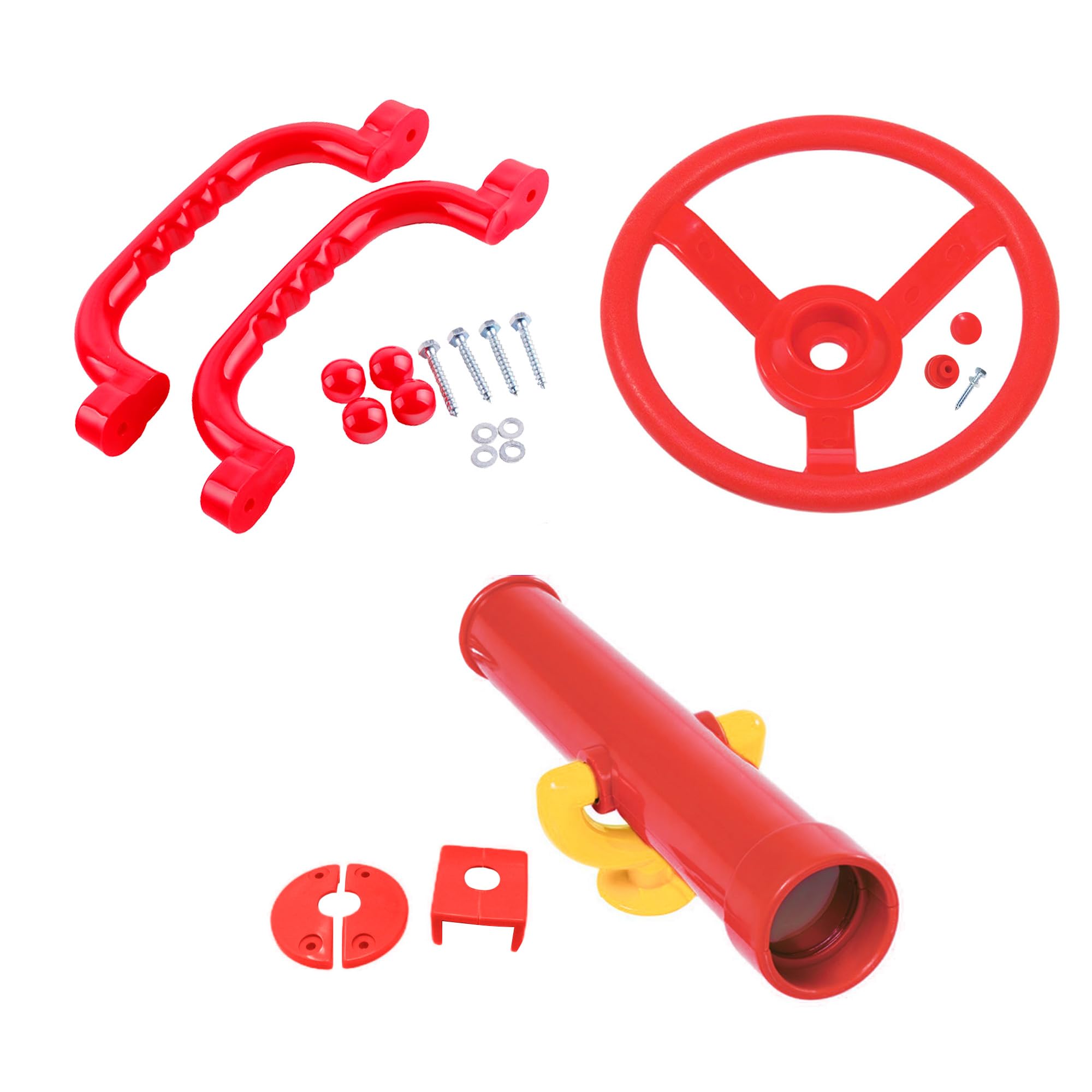Kids Toys Climbing Frame Accessory Bundle Play Telescope Safety grab handles Steering wheel Tree house accessories Play Den (Red)
