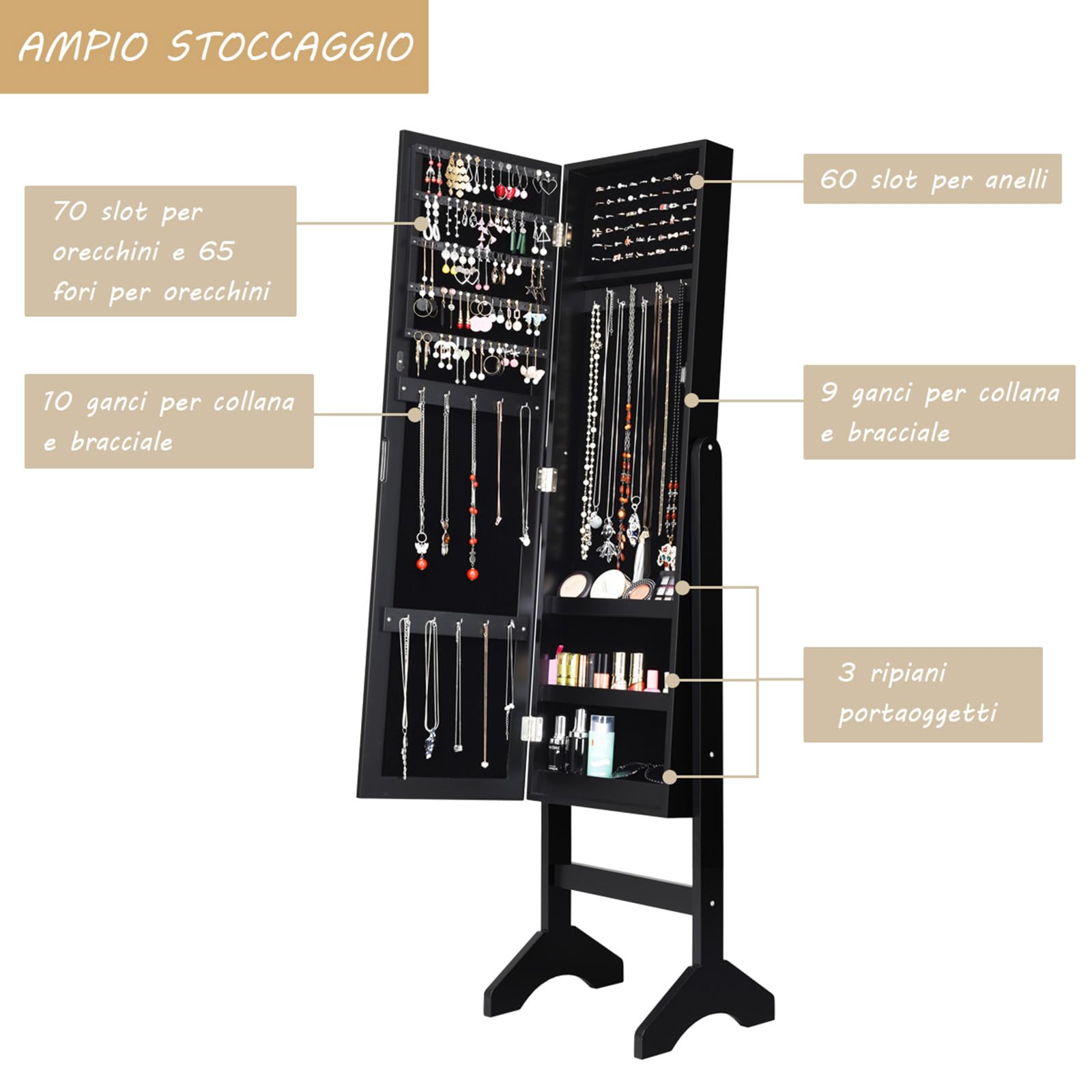 COSTWAY Armadio per Gioielli, Armadietto Portagioie con Specchio a Figura Intera, Organizer Spazioso per Gioielli, per Camera da Letto e Salotto, 35,5 x 33 x 153 cm (Nero)