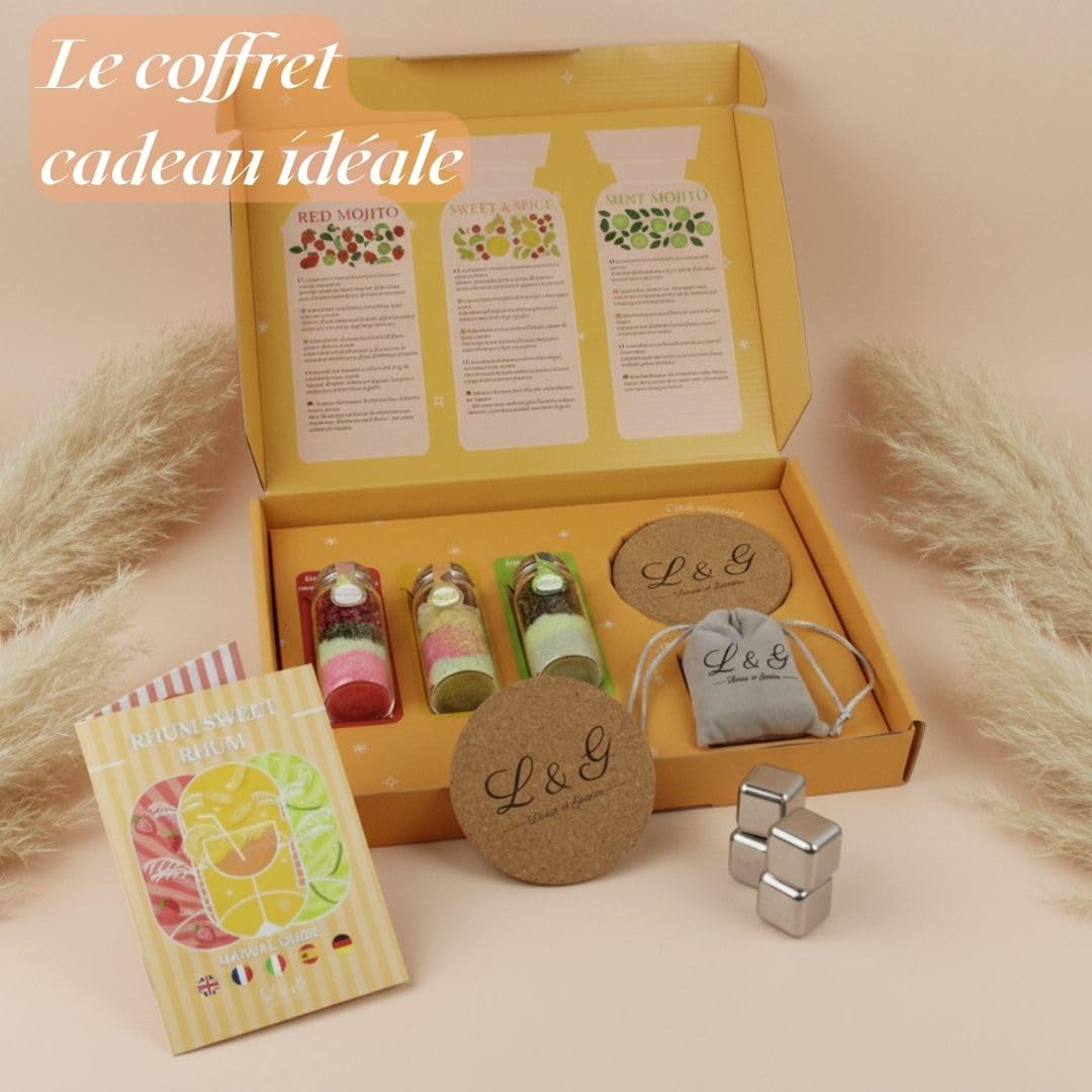 L&G - Coffret Rhum Arrangé “RhumSweetRhum” | Kit Fabrication Maison avec Épices Naturelles | 3 Fioles Saveurs Exotiques + Glaçons + Dessous de Verre | Idée Cadeau Noël ou Secret Santa
