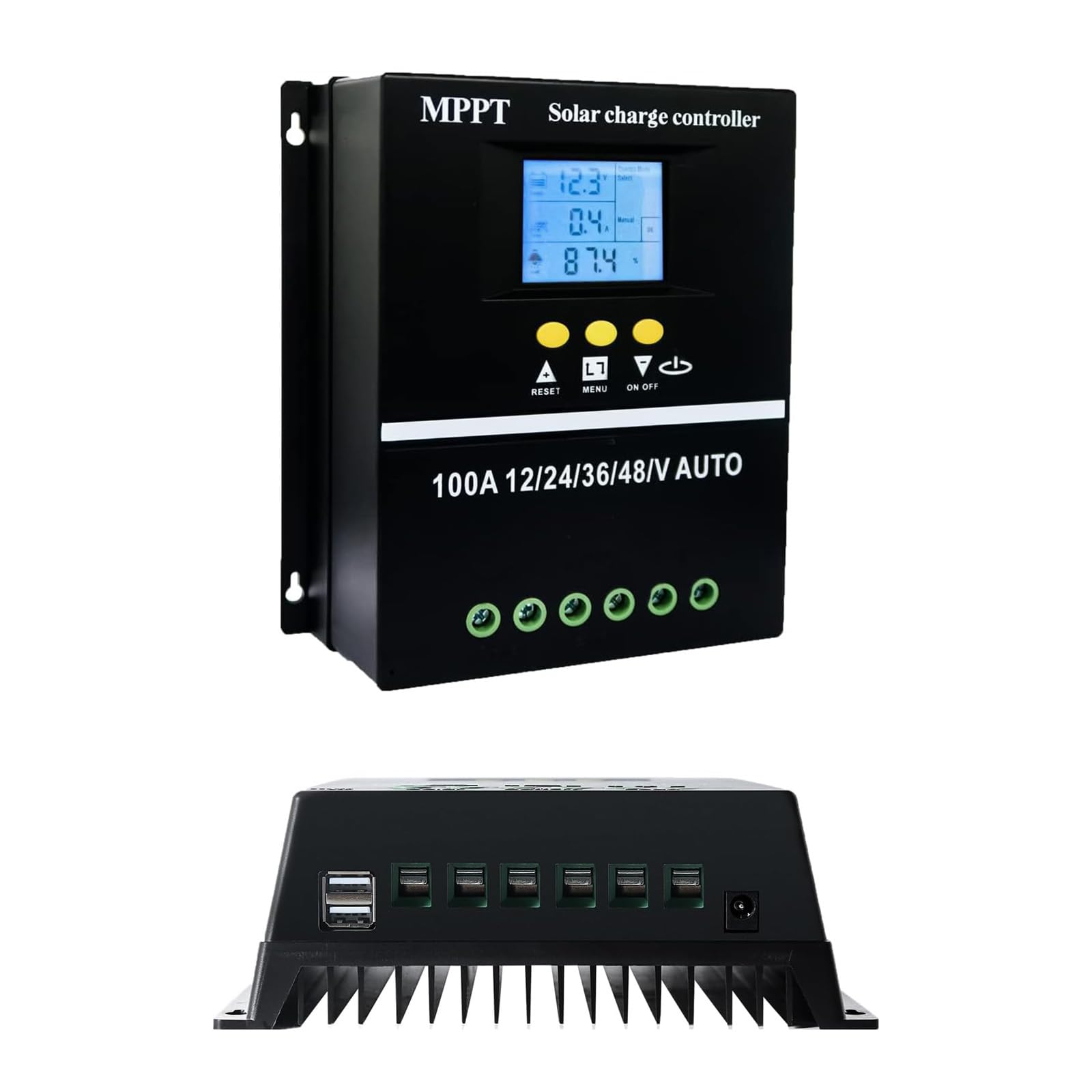 Régulateur de Charge Solaire MPPT, MPPT 100A Contrôleur de Charge Solaire 12V 24V 36V 48V Auto Écran LCD Batterie Régulateur Intelligent Double USB pour Plomb et au Lithium Batteries