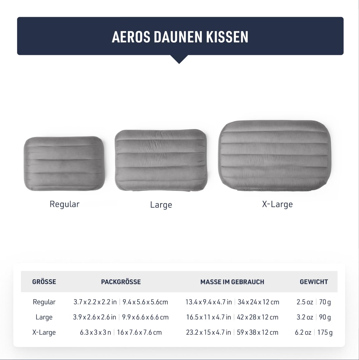 Sea to Summit - Aeros Down Pillow Campingkissen - 70 g - Daunen & Luftkammer Komfort - Xpress-Ventil - bis 12 cm Höhe - rutschfest mit PillowLock - für Trekking, Camping & Reisen
