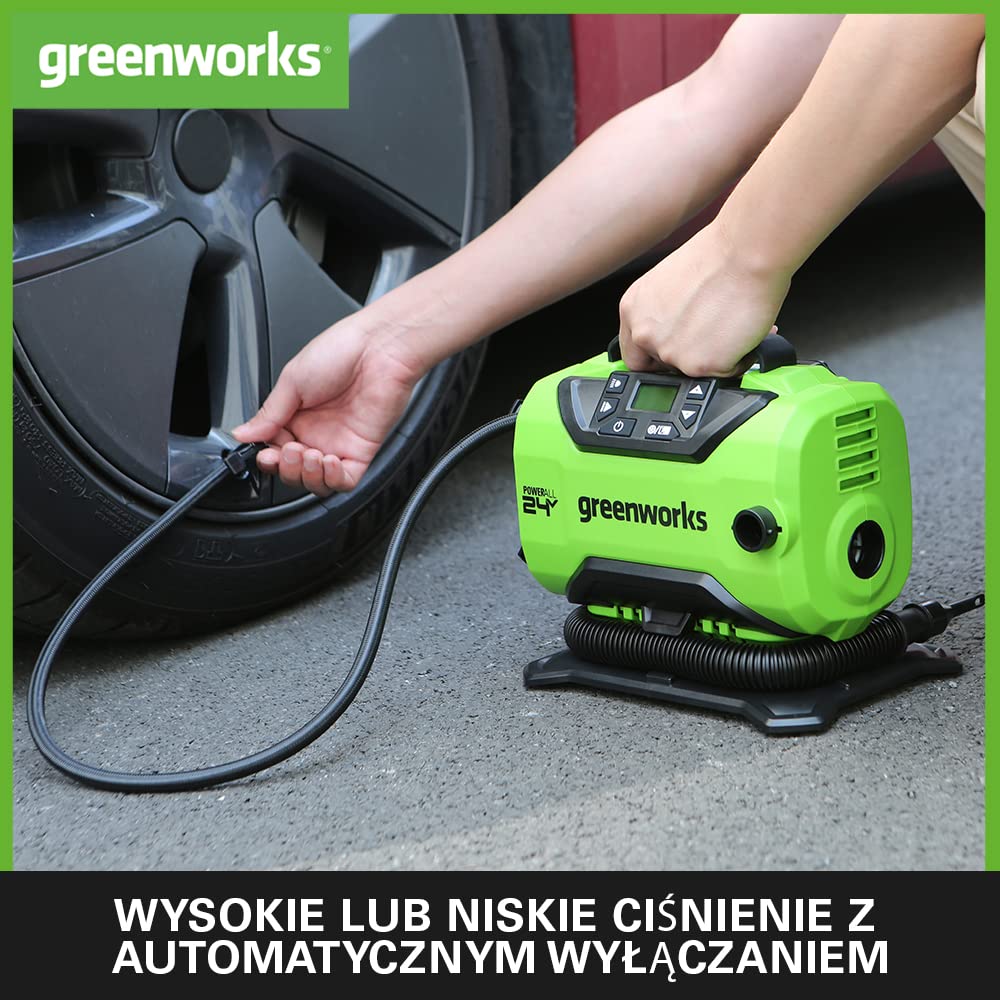 Greenworks GD24IN Inflator i Deflator Akumulatorowy, 11 barów, Niskie Lub Wysokie Ciśnienie, Automatyczne Wyłączanie z 3 Adapterami i Wężem 0,5 m BEZ Baterii i Ładowarki 24V