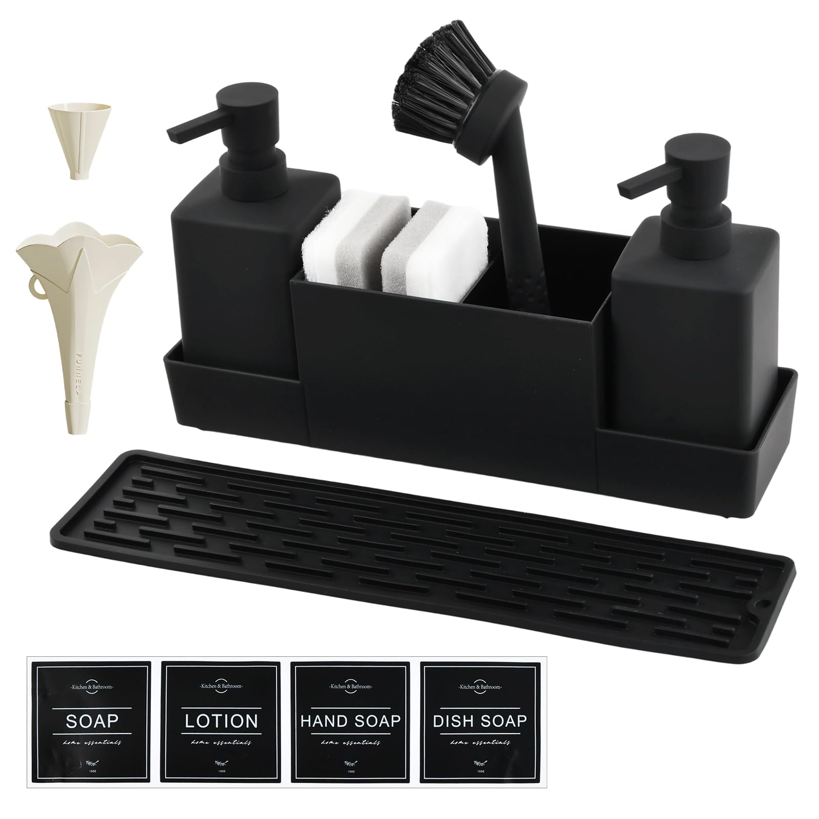 Dosatori per Sapone Liquido, Set di Dispenser Sapone Cucina, con Spugna, Spazzola e Tappetino di Drenaggio, Porta-Spugna per Lavello da Cucina, Organizer Lavello Cucina, Nero