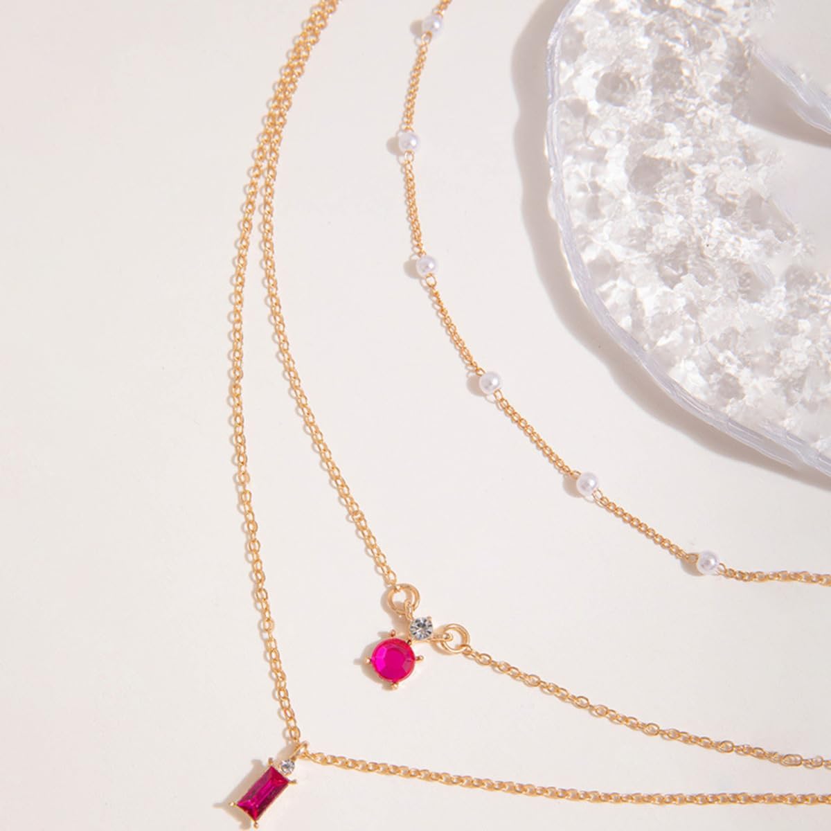 GIGB PBDK Dainty Silver Layered Choker Pendant Necklace for Women, Red Crystal Pendant Necklace Rhinestone Adjustable Choker Necklaces for Women - Image 5