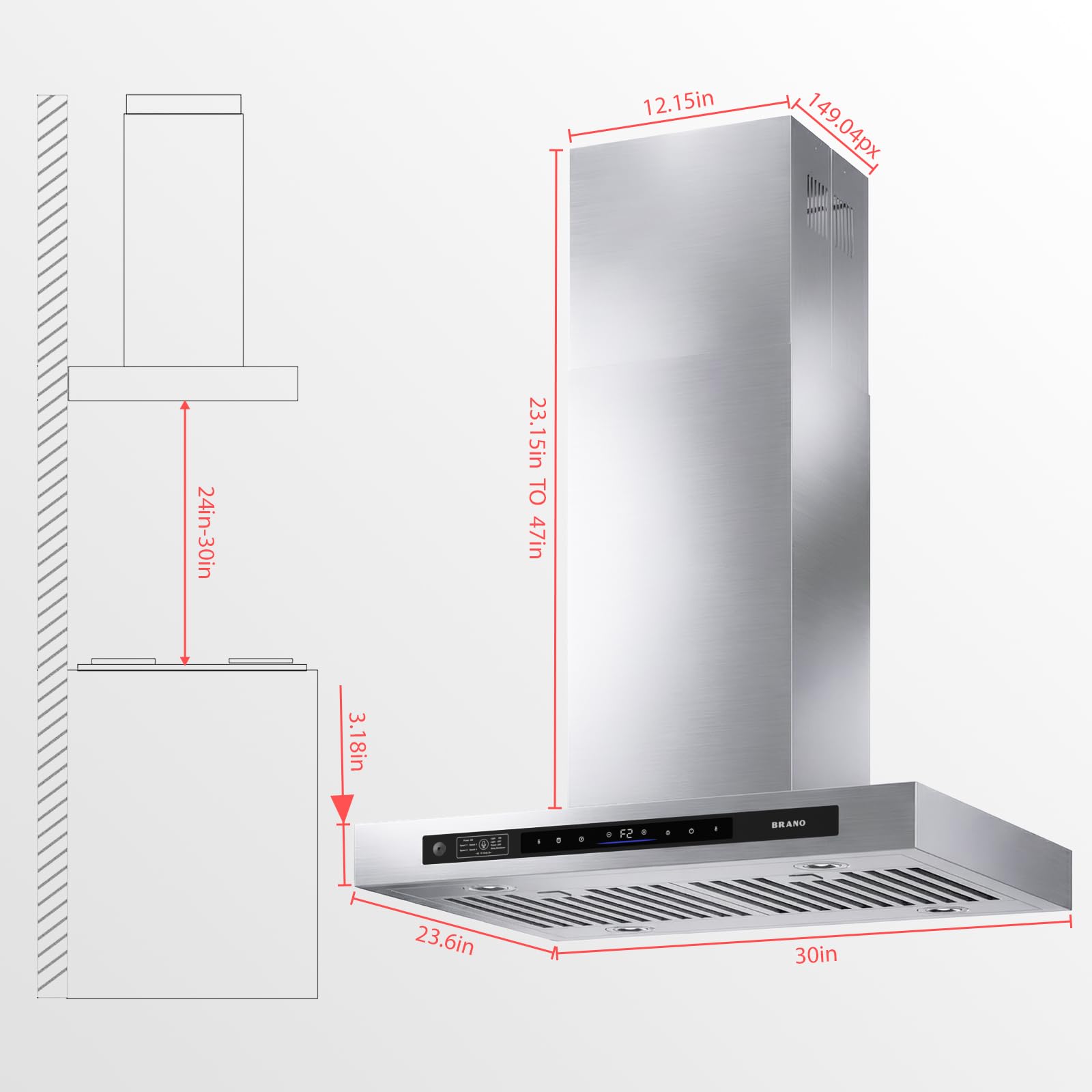BRANO Island Range Hood 30 Inch with 900 CFM 4 Speeds，Voice/Gesture/Touch Control Kitchen Hood, Ducted/Ductless Convertible，Adjustable Lights Stainless Steel Vent Hood - 2