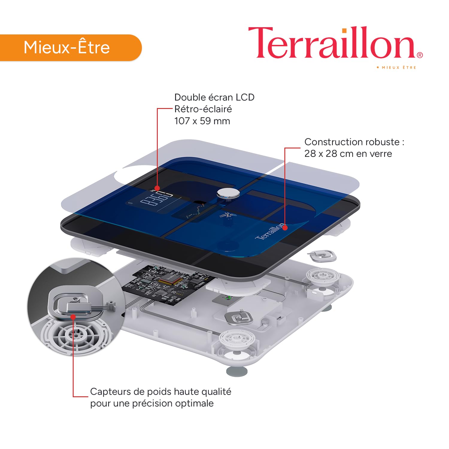 TERRAILLON - COLOR CONNECT - Połączona waga Bluetooth, tętno, masy: tłuszcz-mięśnia-wodno-kostna, BMI, pojemność 180 kg, podziałka 50g, kolorowy wyświetlacz Multi Display, Niebieski