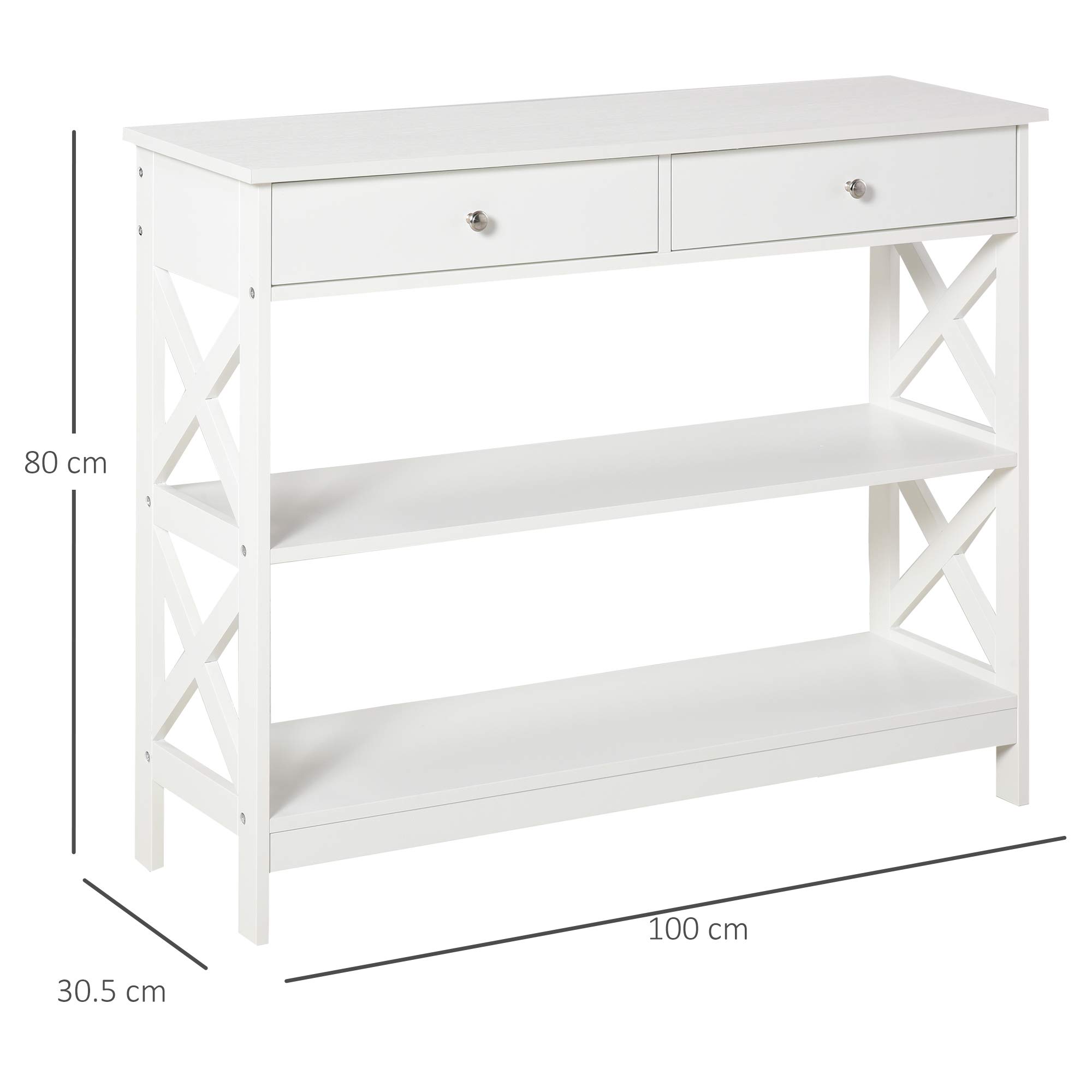 homcom Tavolo Consolle con 2 Cassetti e 2 Mensole, Mobile da Ingresso e Soggiorno in MDF, 100x30.5x80cm, Bianco
