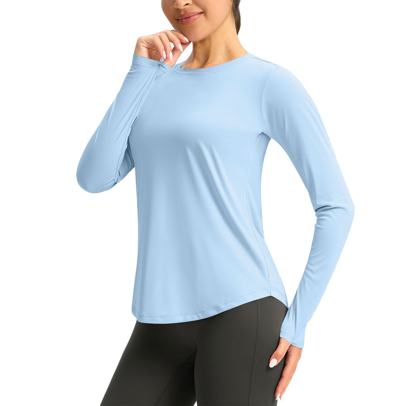 Womens UPF50+ Tops Long Sleeve Crew Neck Sun Protecrion Shirts Quick Dry Athletic Outdoor Running UV Rash Guard(Light Blue,XX-Large)