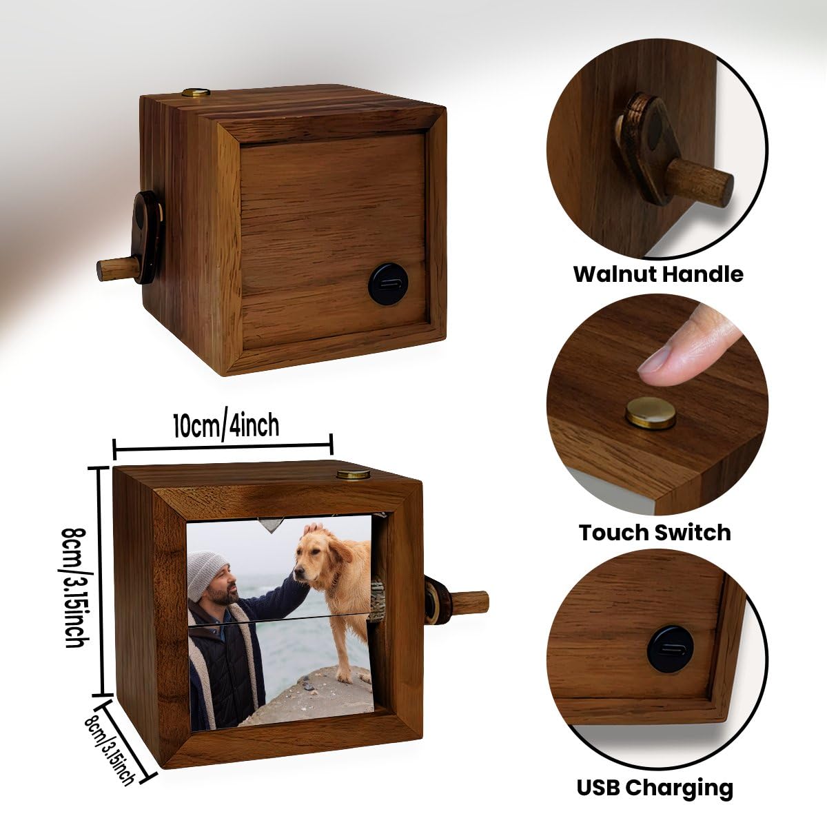Personalisierte Holz-Fotobox – benutzerdefiniertes Flip-Buch mit Handkurbel, mit Licht, drehbarem Memory-Rahmen, ideales Geschenk für Männer, Frauen, Geburtstag, Hochzeit, Weihnachten