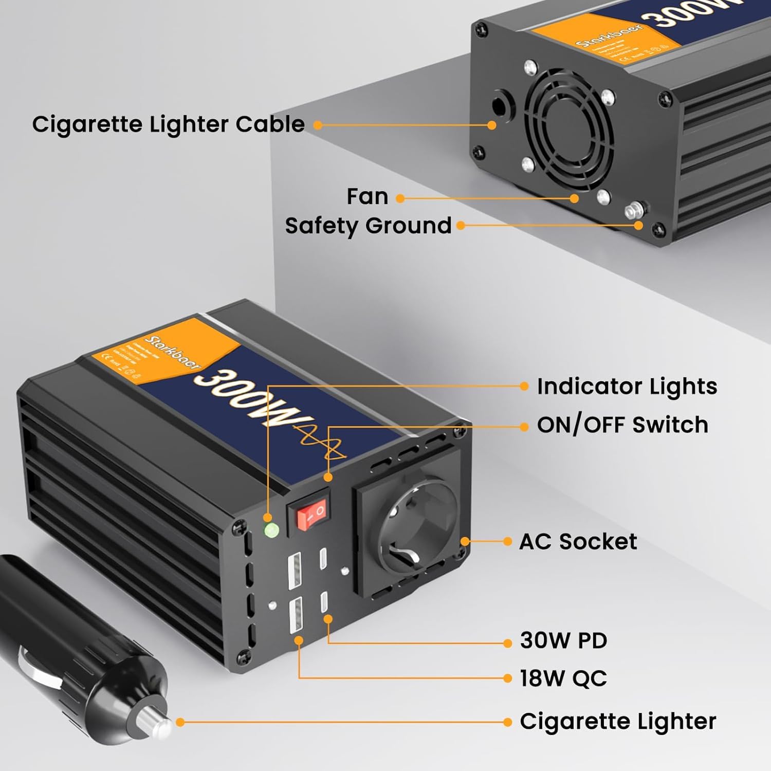 Convertisseur Voiture 12V 230V Pure Sinus 300W Onduleur Allume-Cigare USB | Onduleur avec Prise Allume-Cigare, 4 Ports USB & Boîtier en Aluminium. Idéal pour Recharge de Téléphone & Voyages en Auto