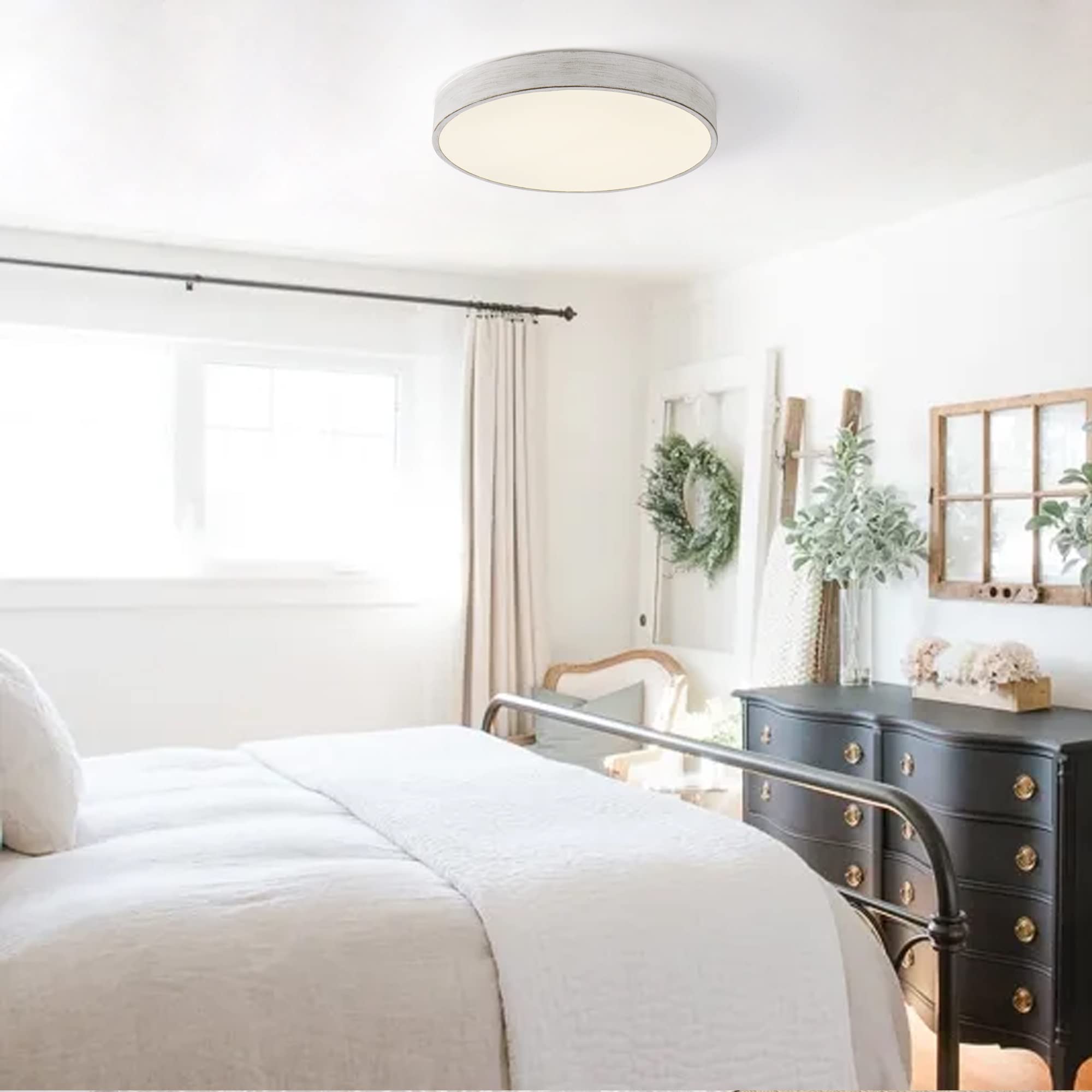 cidimdan Farmhouse White Ceiling Light Fixtures, Flush Mounted Round Rustic LED Ceiling Light for Hallway, Bedroom, Low Profile Space Lighting, 15.7inches (40cm