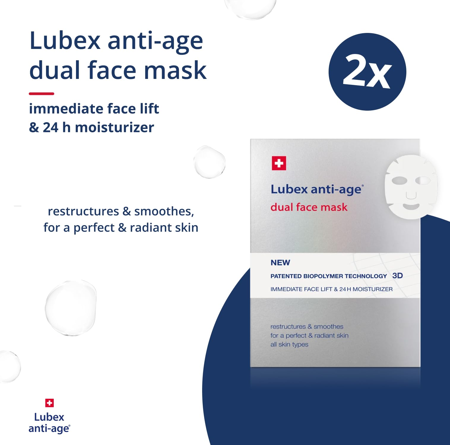Dual Face Mask - Maschera viso a 2 fasi con biopolimero 3D, rassodante istantaneo, idratazione per 24 h, esapeptidi e vitamina C, dermatologicamente testata, 2 x 1 maschera in tessuto
