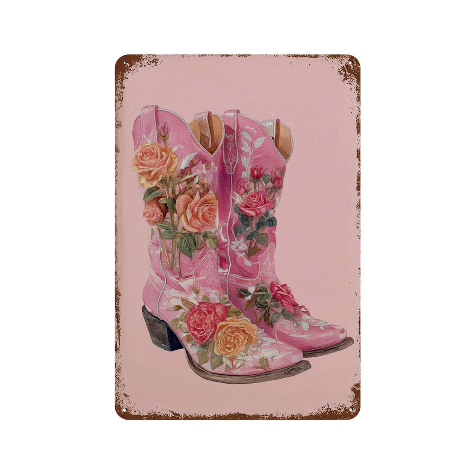 xiaoxiaoshen Floral Cowgirl Boots – Pink Western Country Girl Rodeo Aesthetic Boho Bedroom Or Wall Decor Art Metal Tin Poster Modern Home Decor Art Home Bar Shop Decorations Vintage Sign 30x20cm