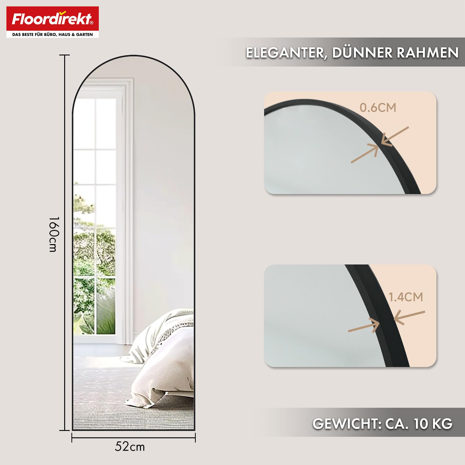 Floordirekt Ganzkörperspiegel, 161 x 52 cm, gewölbter Standspiegel, Rahmen aus Aluminiumlegierung, Hartglas, für Schlafzimmer, Wohnzimmer, Garderobe, schwarz Madison