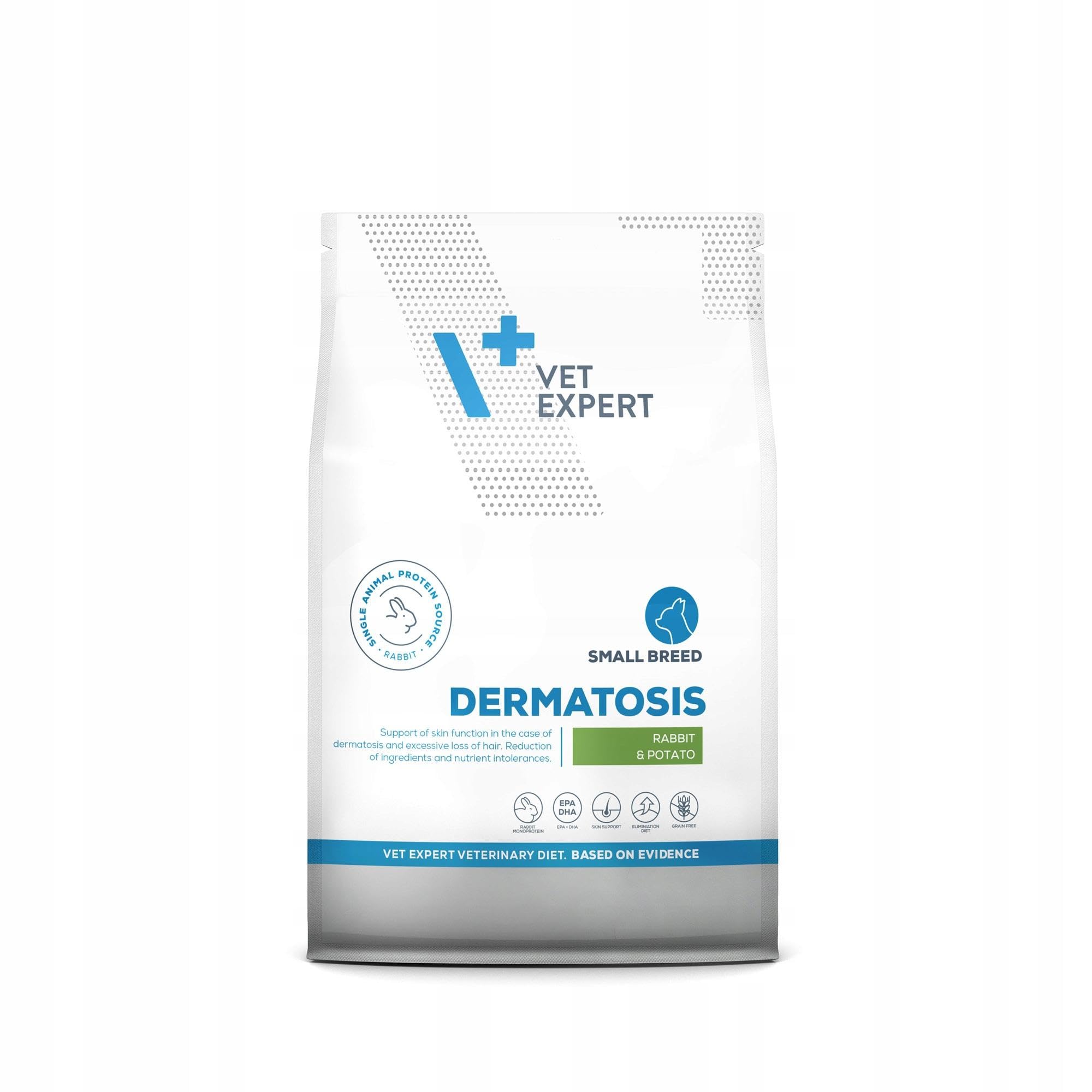 VET EXPERT DERMATOSIS RABBIT & POTATO SMALL BREED 8 kg - sucha karma weterynaryjna dla psów małych ras z problemami dermatologicznymi i nietolerancją pokarmową